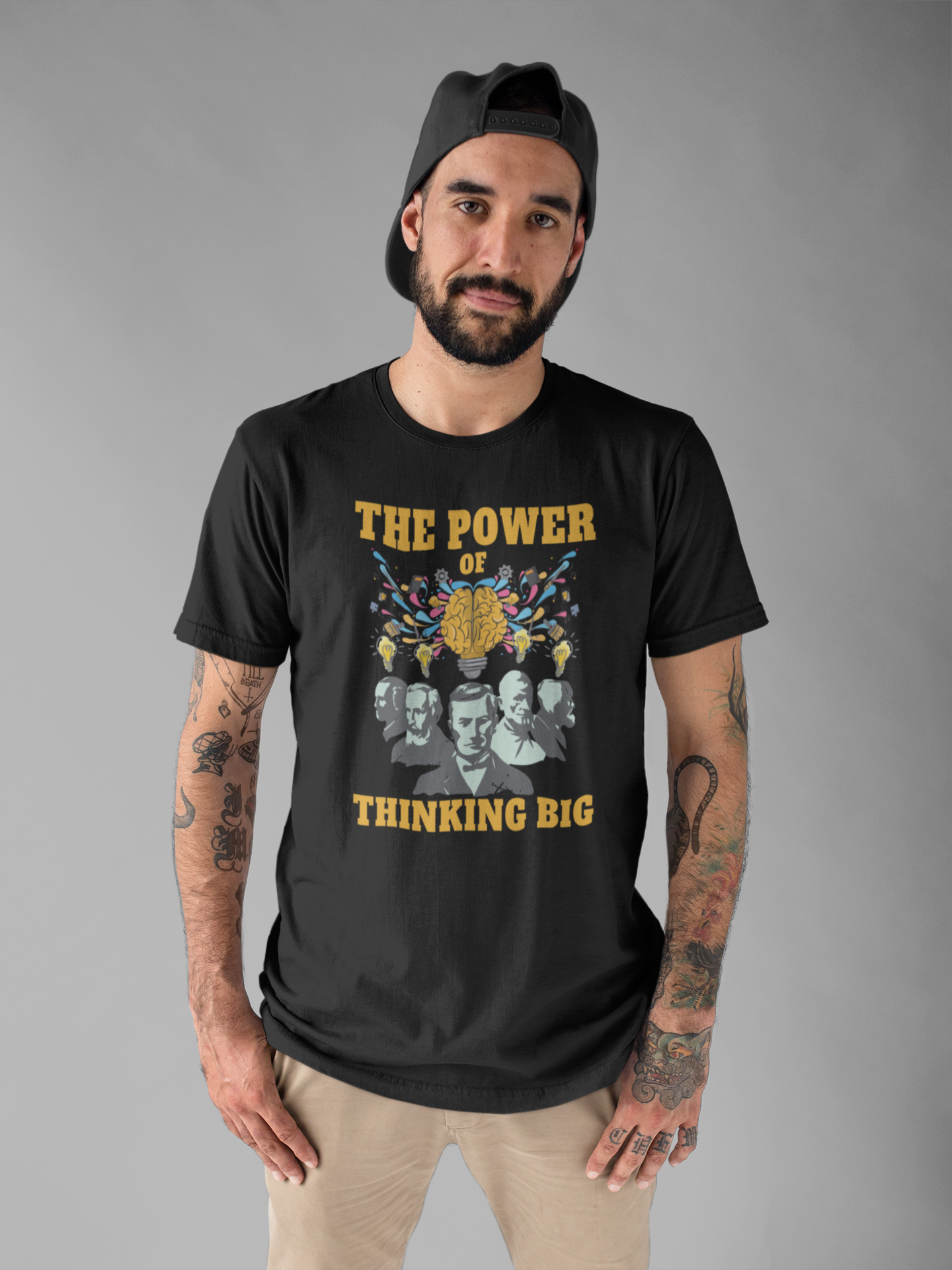 The Power of Thinking Big Tshirt – Brain with Great Scientists and Glowing Bulb Graphic