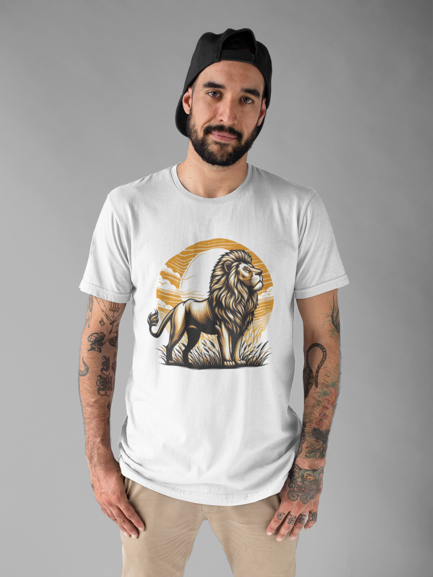 King of the Wild Majestic Male Lion Watching Territory with Sunrise Graphic T-Shirt