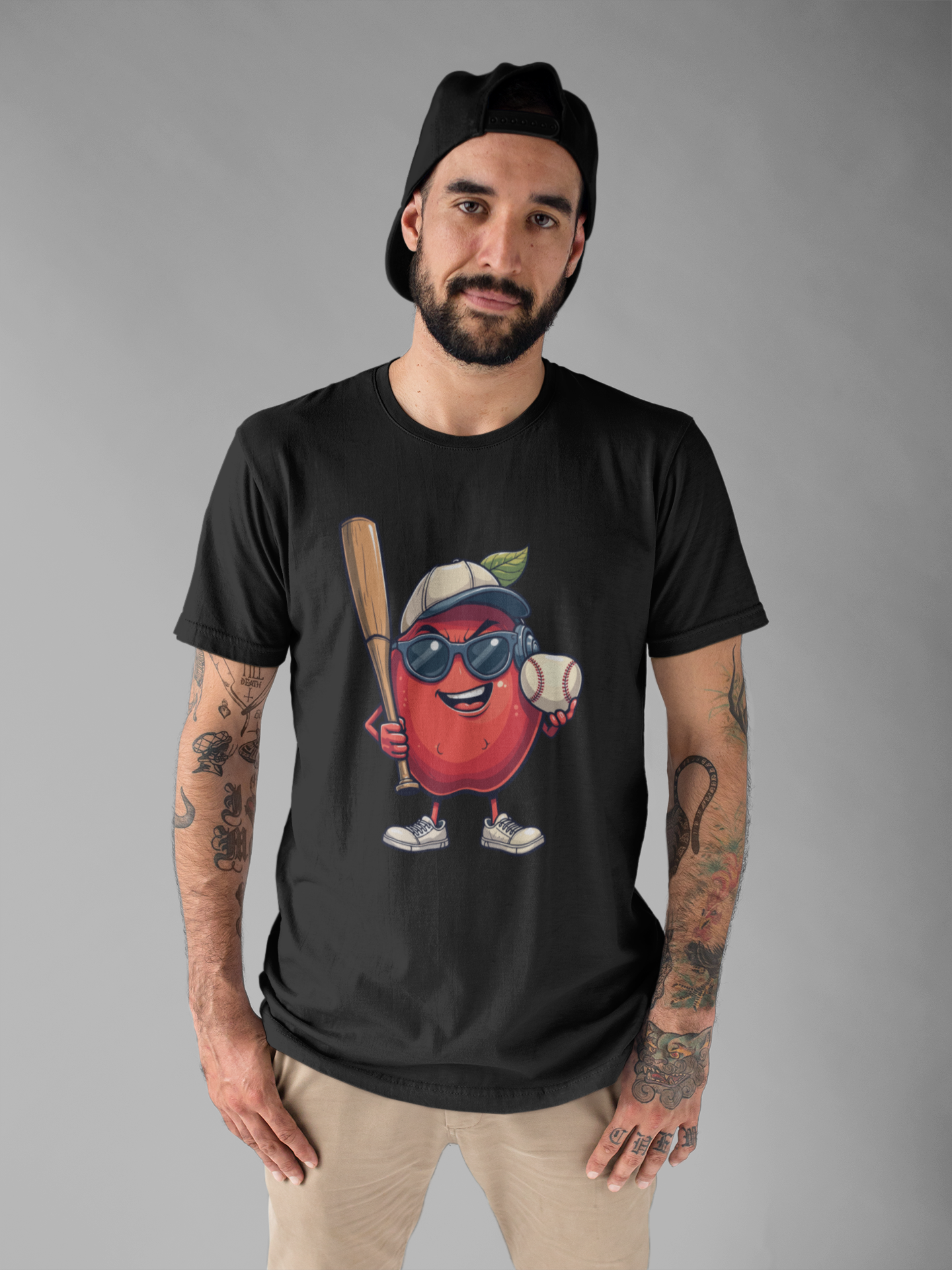 Aggressive Apple Baseball Mascot Tshirt Bold Sports Fruit Character Design