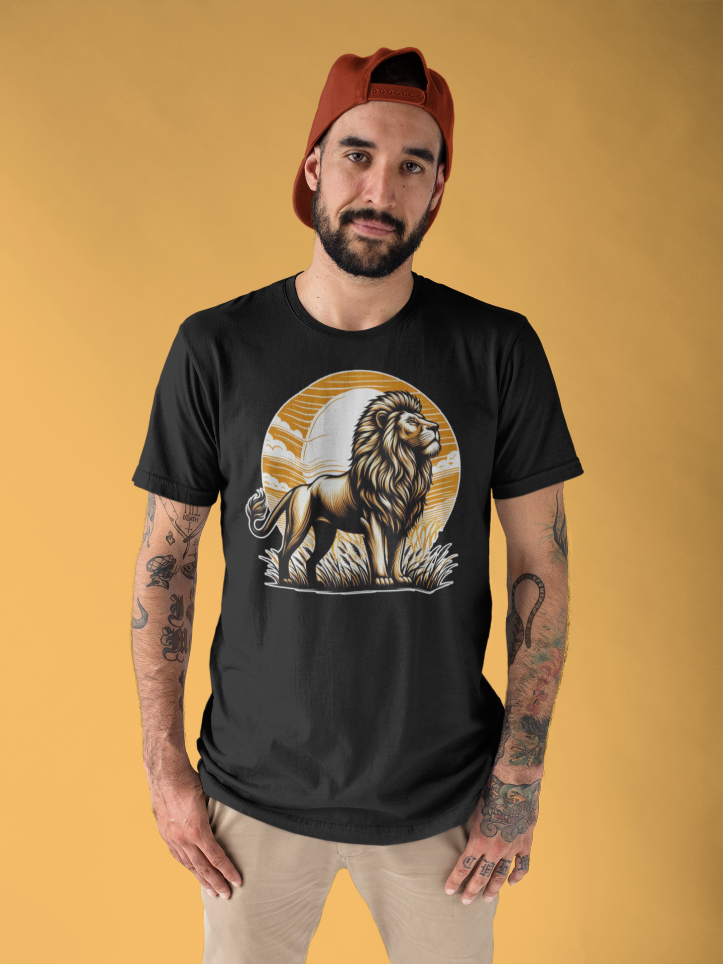 King of the Wild Majestic Male Lion Watching Territory with Sunrise Graphic T-Shirt