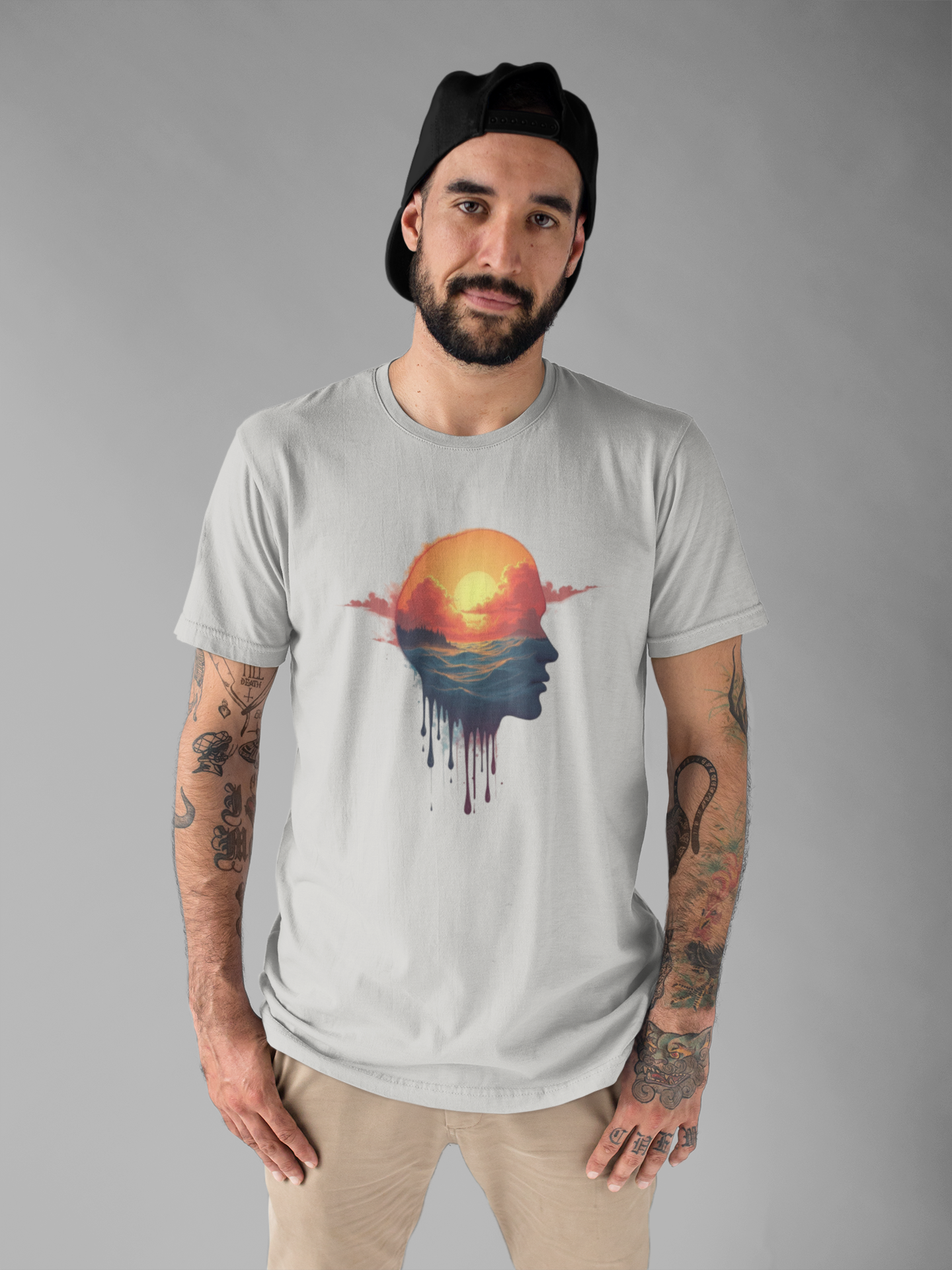 Melting Human Face with Colorful Sunrise and Clouds Beach View Graphic T-Shirt