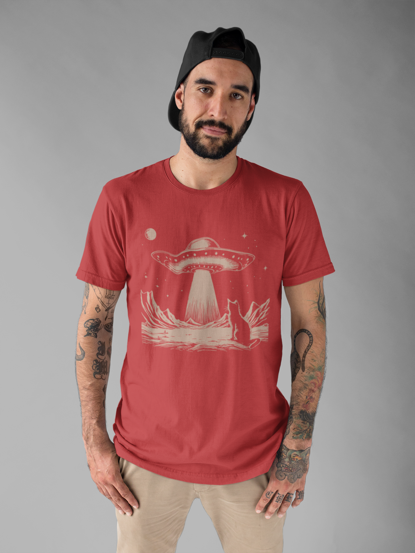 Cat Watching UFO T-Shirt – Mysterious Space Scene Graphic Tee