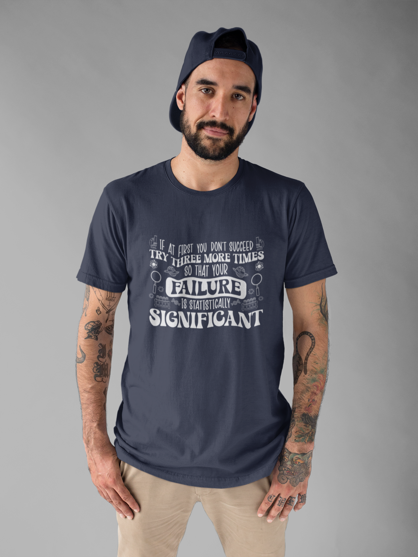 Try Three More Times – Statistically Significant Science T-Shirt with Lab Equipment, Planets & Microbes