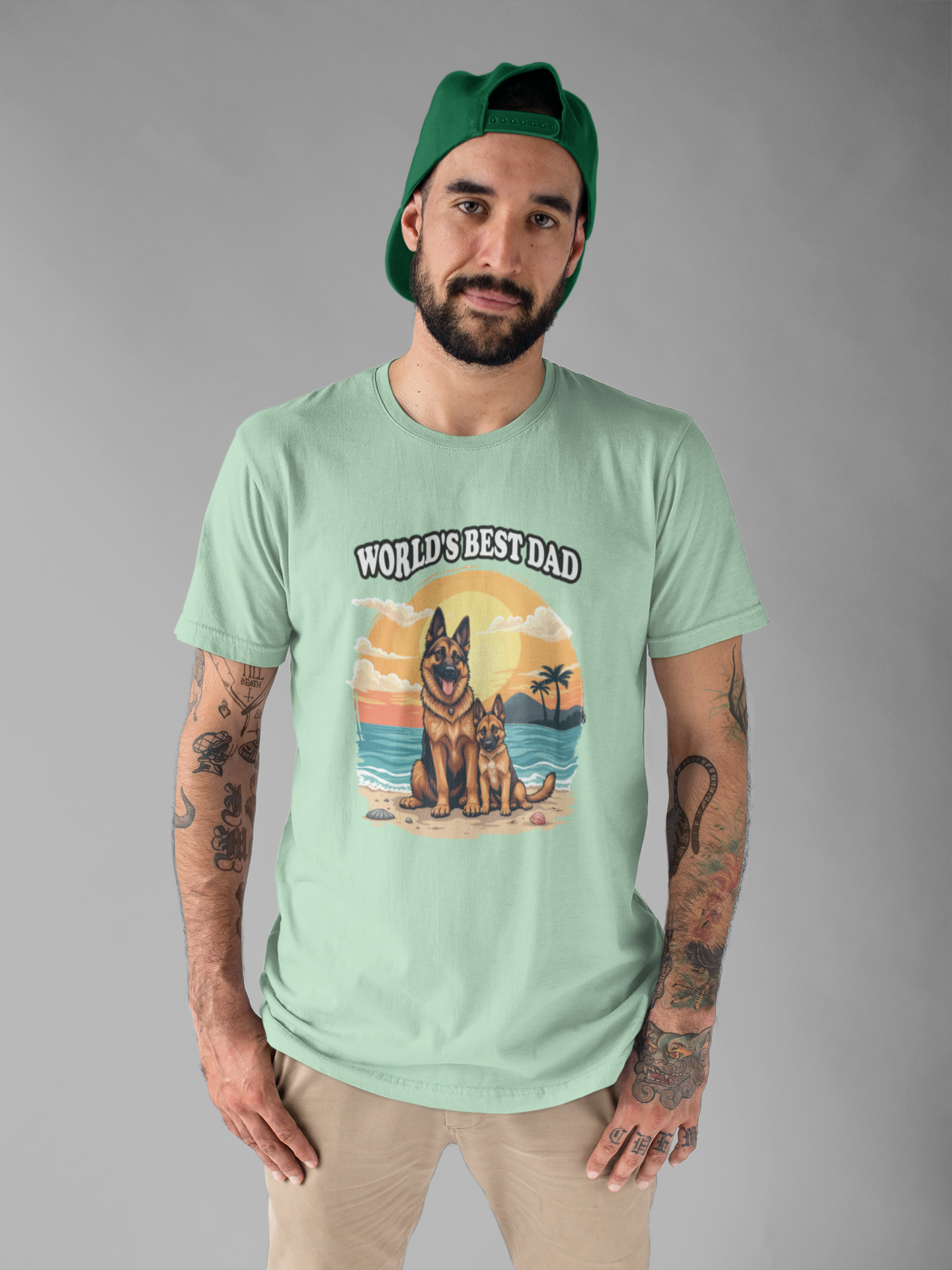 Worlds Best Dad Tshirt German Shepherd Dog Father and Puppy Beach Sunset Design
