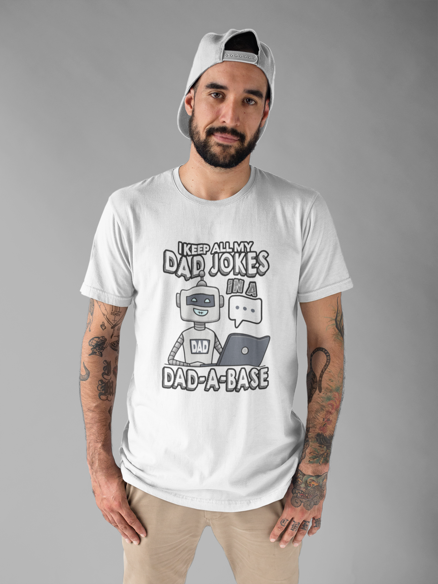 I Keep All My Dad Jokes in a DAD-A-Base Tshirt – Funny Robot with Laptop Graphic