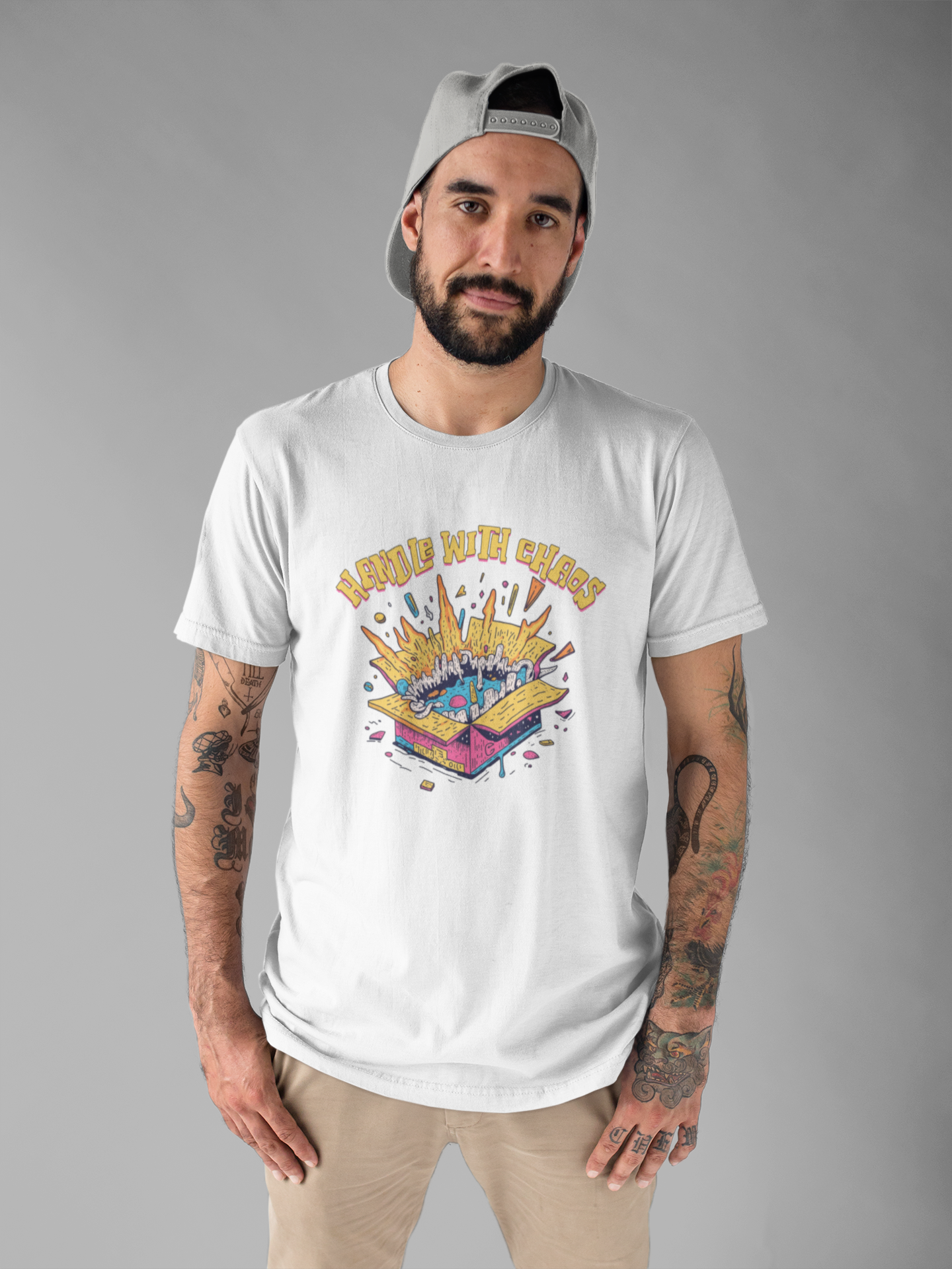 Handle With Chaos – Vibrant Colorful Box Embracing life’s Wild Moments Graphic T-Shirt