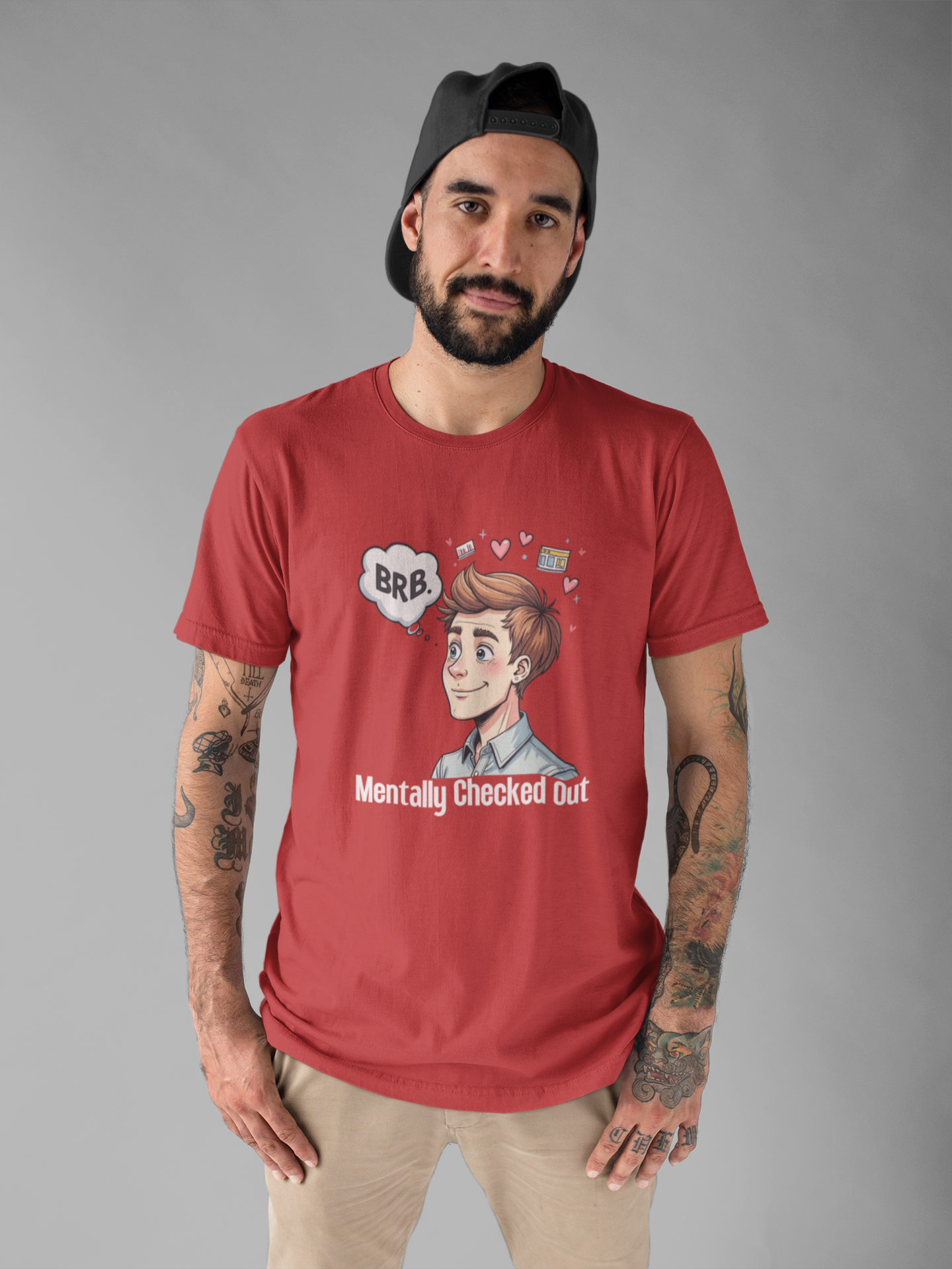 Mentally Checked Out – "BRB" Thought Bubble with Lost Man & Heart Emotions Graphic T-Shirt