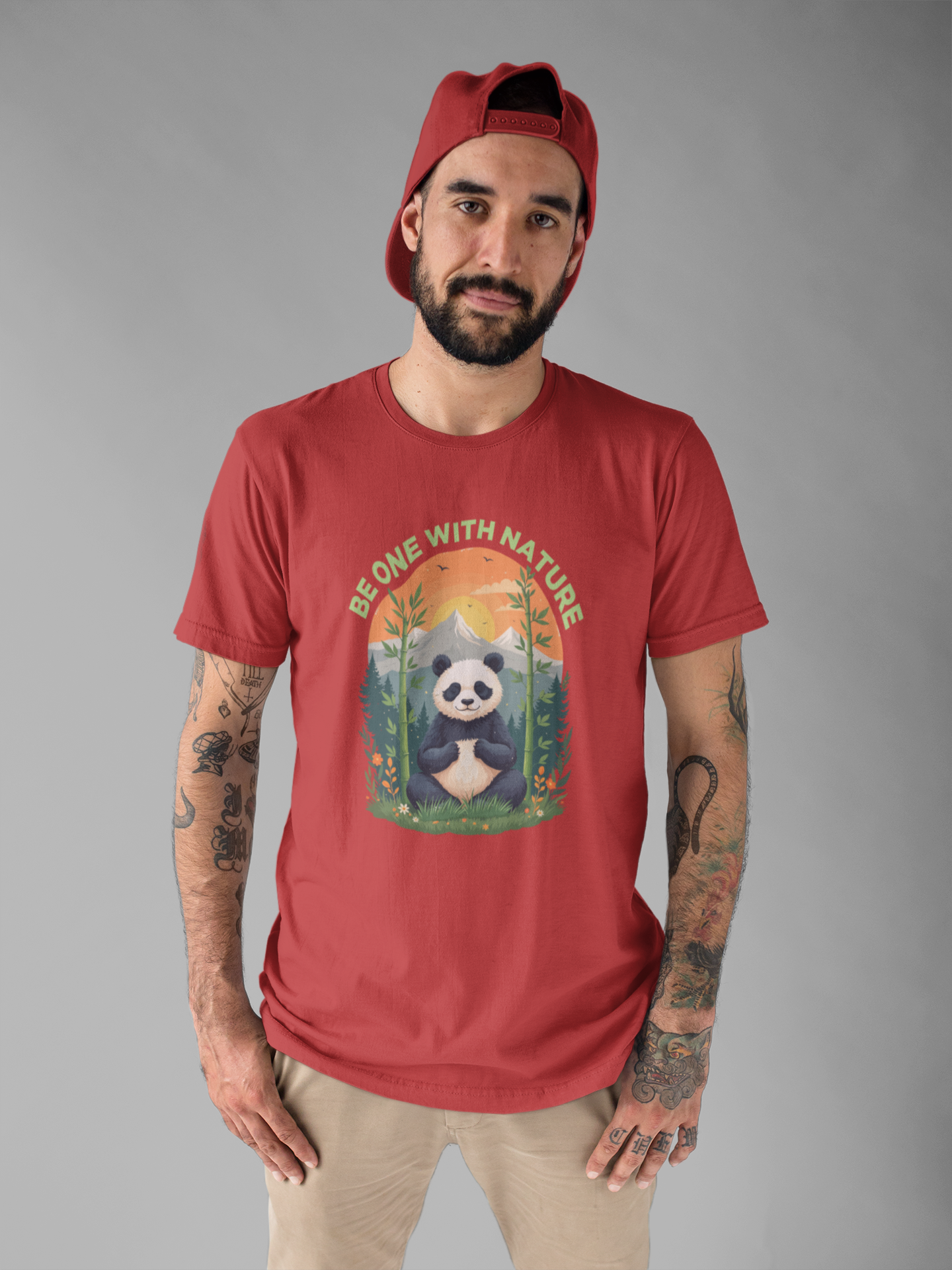 Be One with Nature – Calm Panda in Sunset Meadow Graphic T-Shirt