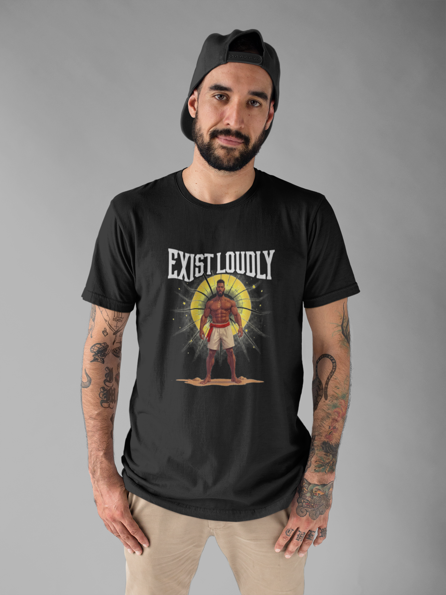 Exist Loudly – Strong Muscular Man with Red Belt & Glowing Light Graphic T-Shirt