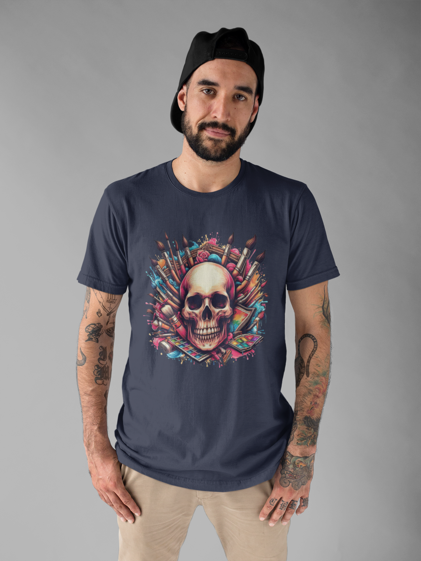 Art Is Not Dead Tshirt – Skull with Stacked Art Supplies Circular Graphic