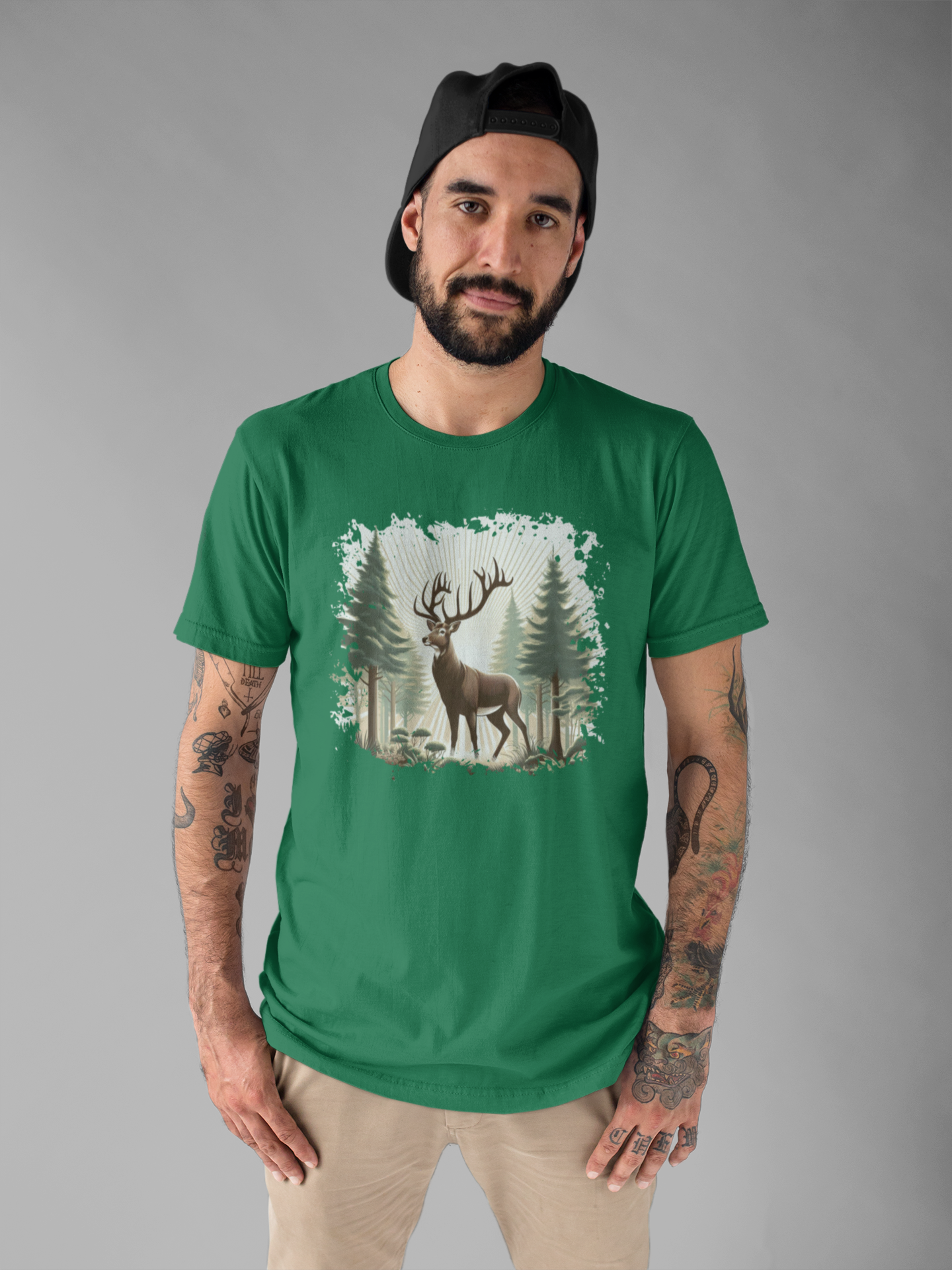 Majestic Deer with Large Antlers | Sunlight Through Foggy Forest Graphic T-Shirt