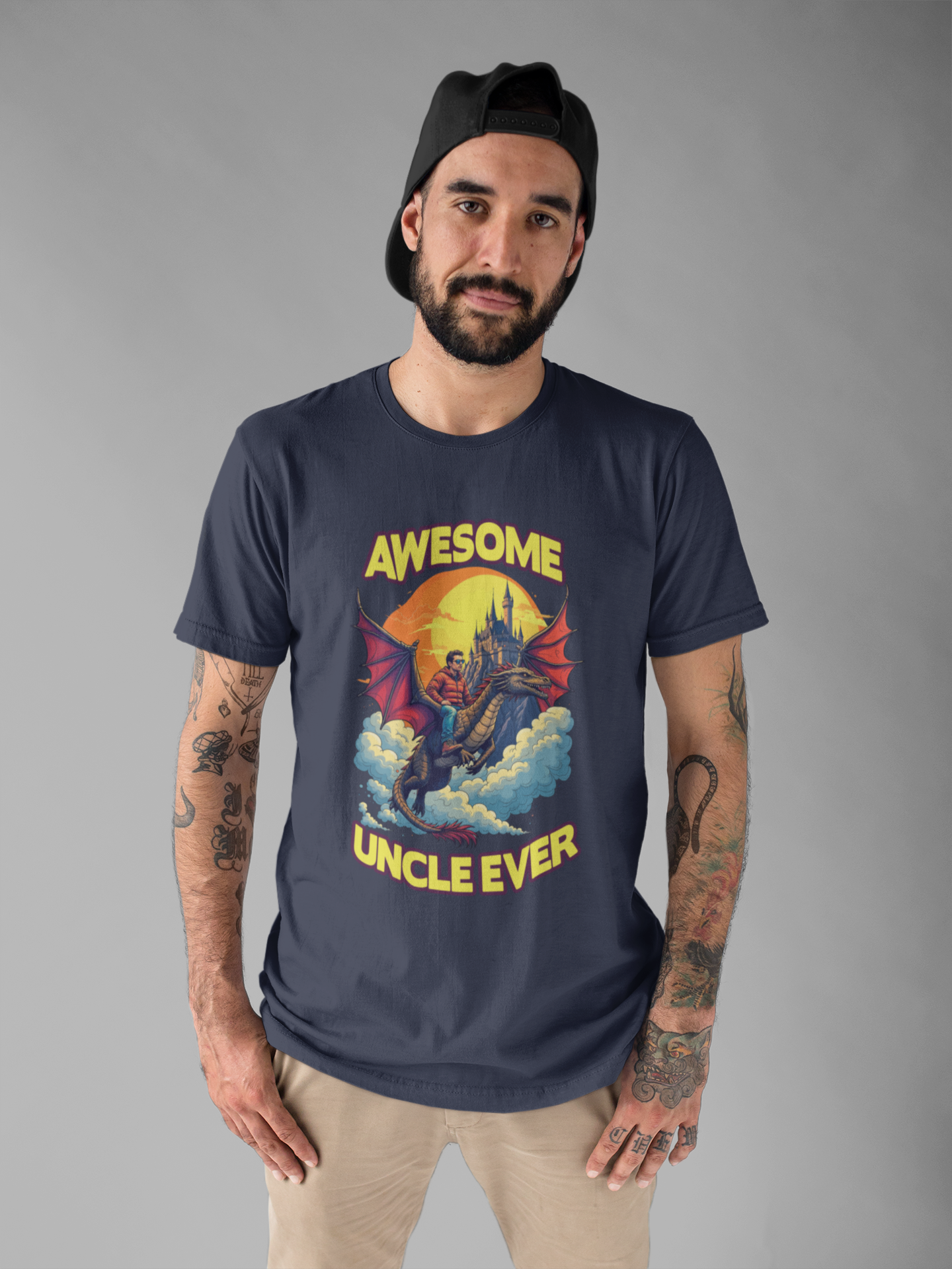 Awesome Uncle Ever Tshirt Man Riding Large Dragon Flying in Clouds with Castle in background