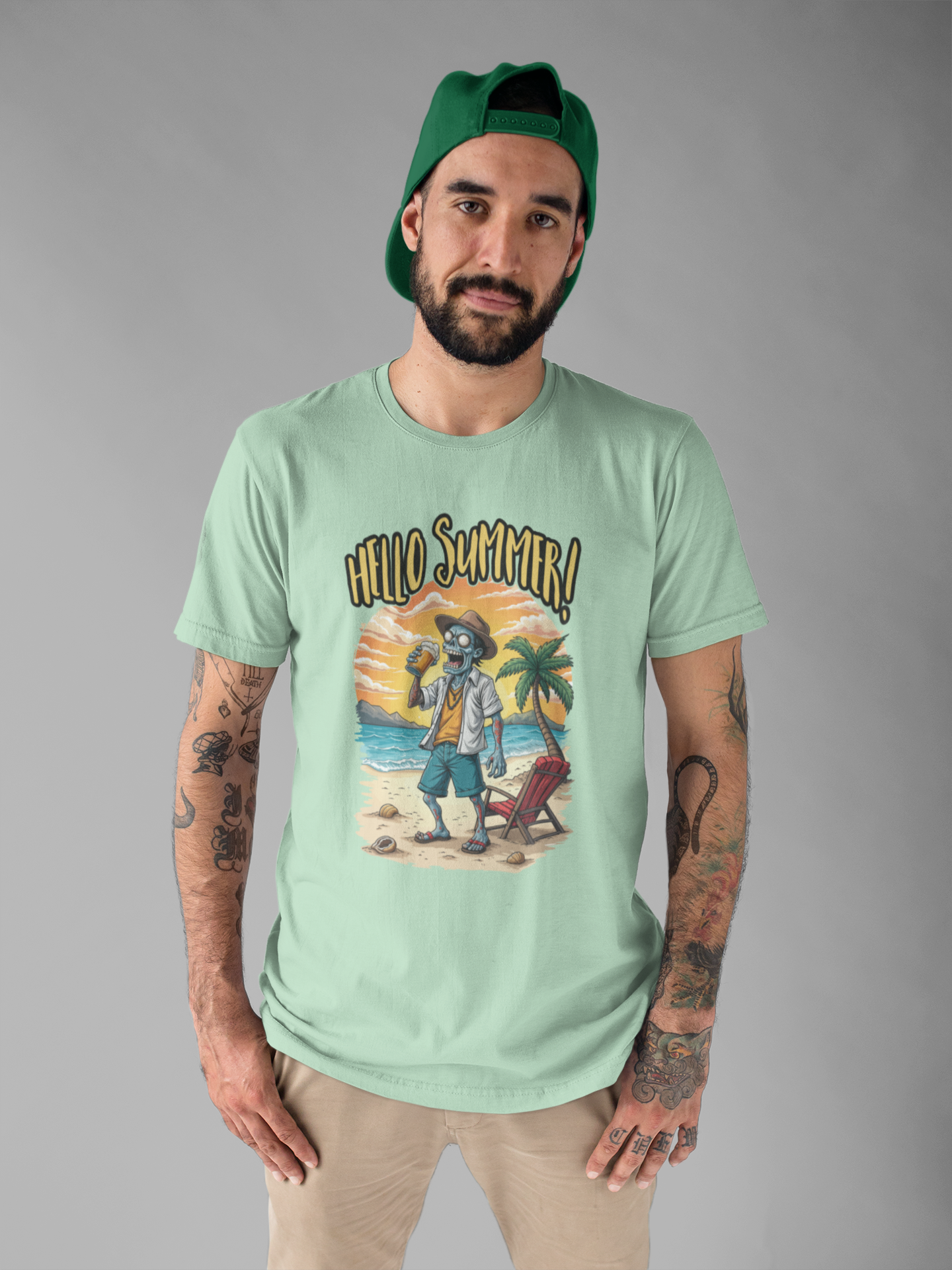 Hello Summer Tshirt Old Zombie with Cap, Beer Glass, Beach, Palm Trees & Reclining Chair