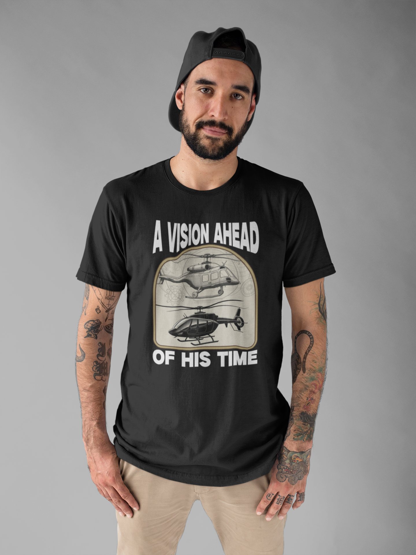 A Vision Ahead of His Time Tshirt – Da Vinci’s Helicopter and Modern Chopper Graphic