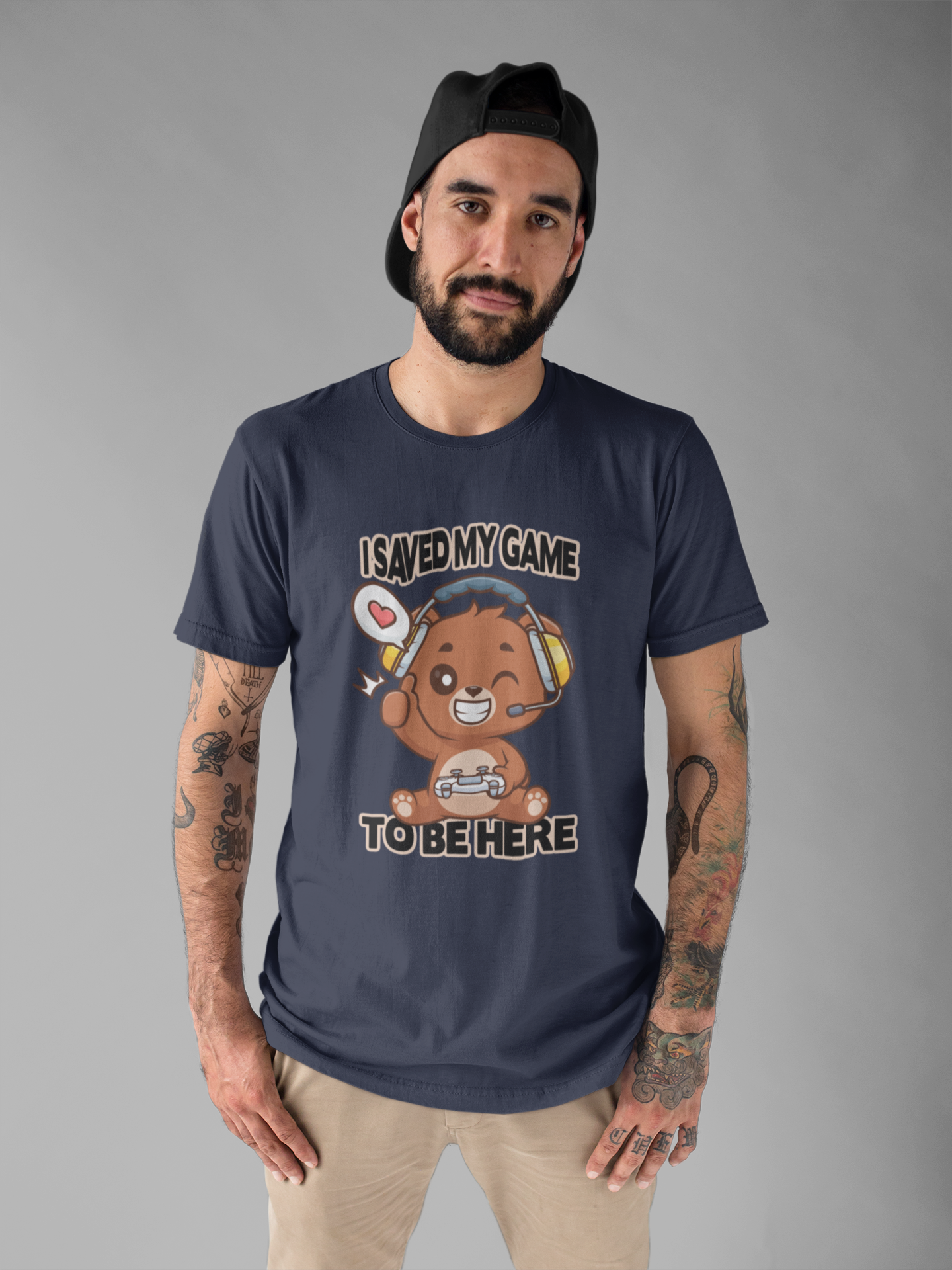 I Saved My Game To Be Here Tshirt Winking Teddy Bear with Headphones and Game Controller