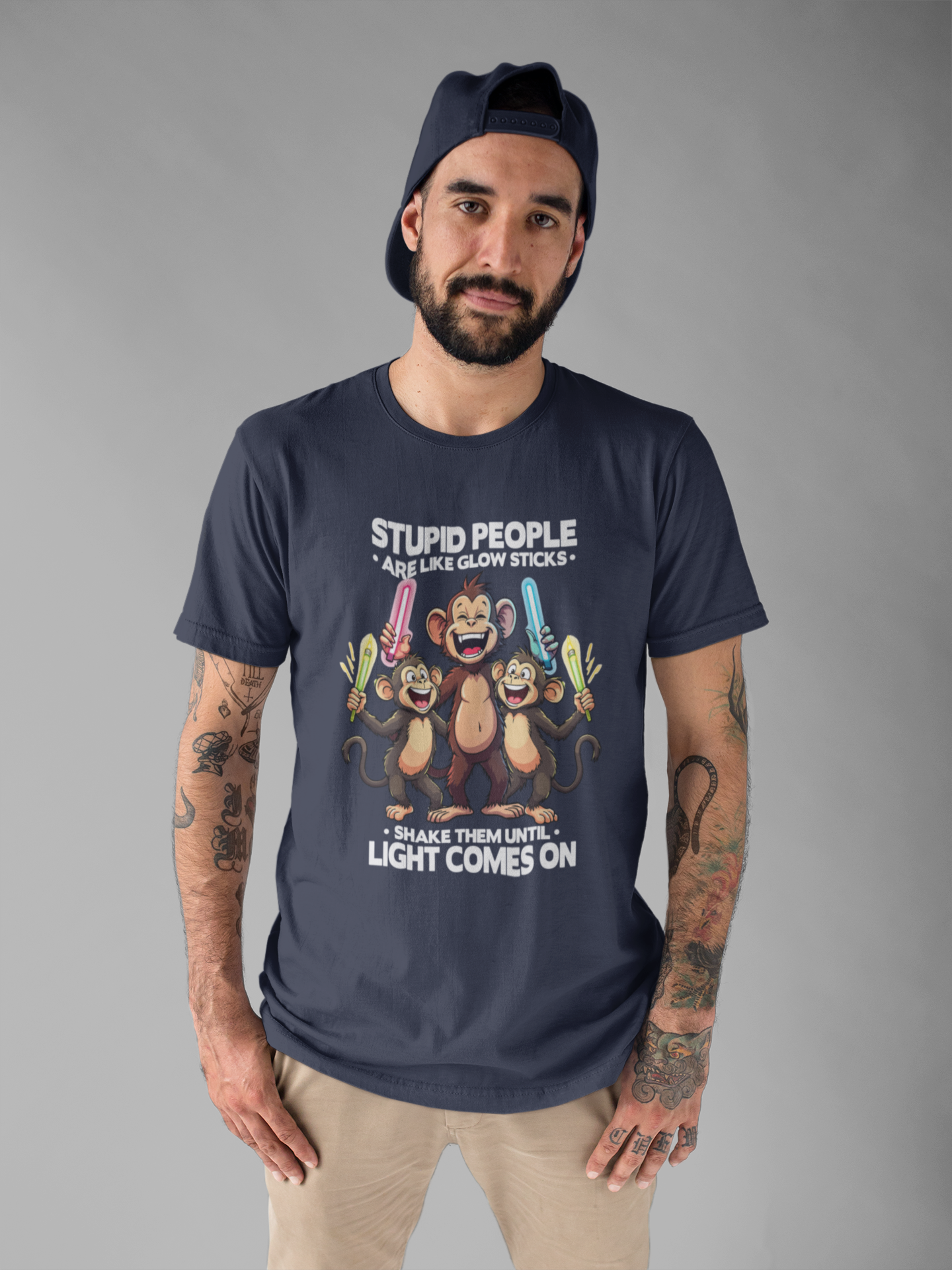 Stupid People Are Like Glow Sticks Tshirt – Three Happy Monkeys Shaking Glow Sticks