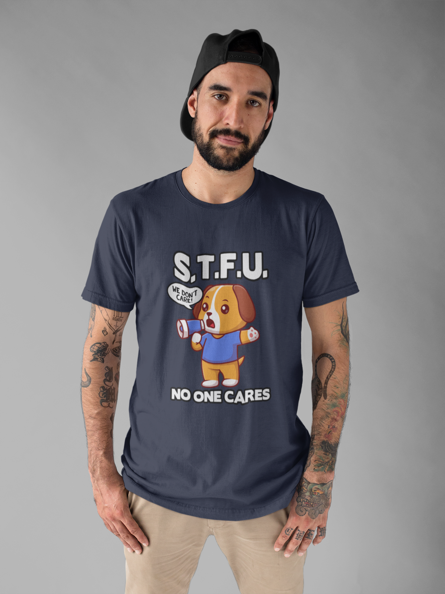 STFU No One Cares Puppy Tshirt Puppy Holding Loudspeaker Funny Sarcastic Statement