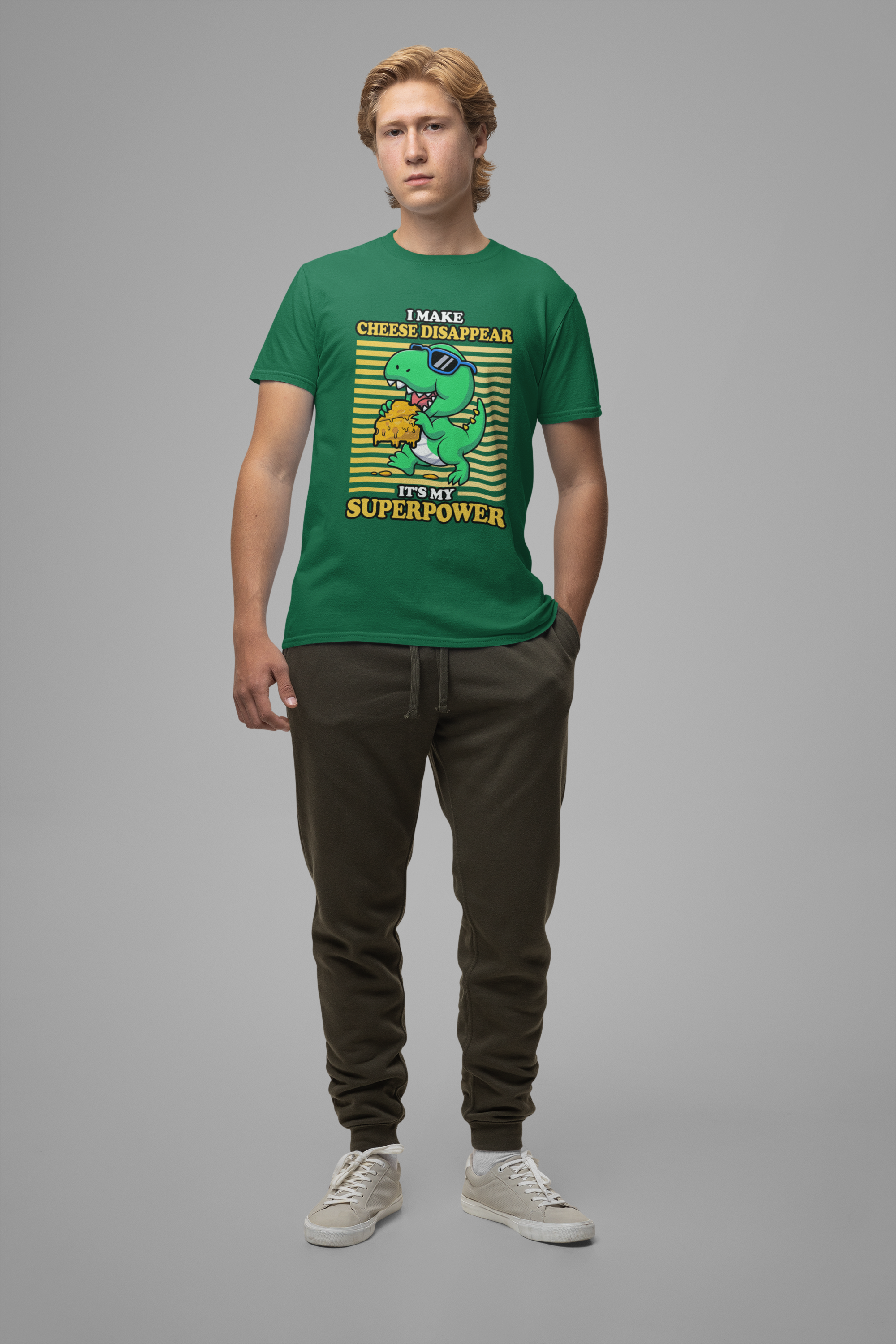 I Make Cheese Disappear T-Shirt – Cool Dinosaur With Sunglasses Running Away Humor Graphic Tee