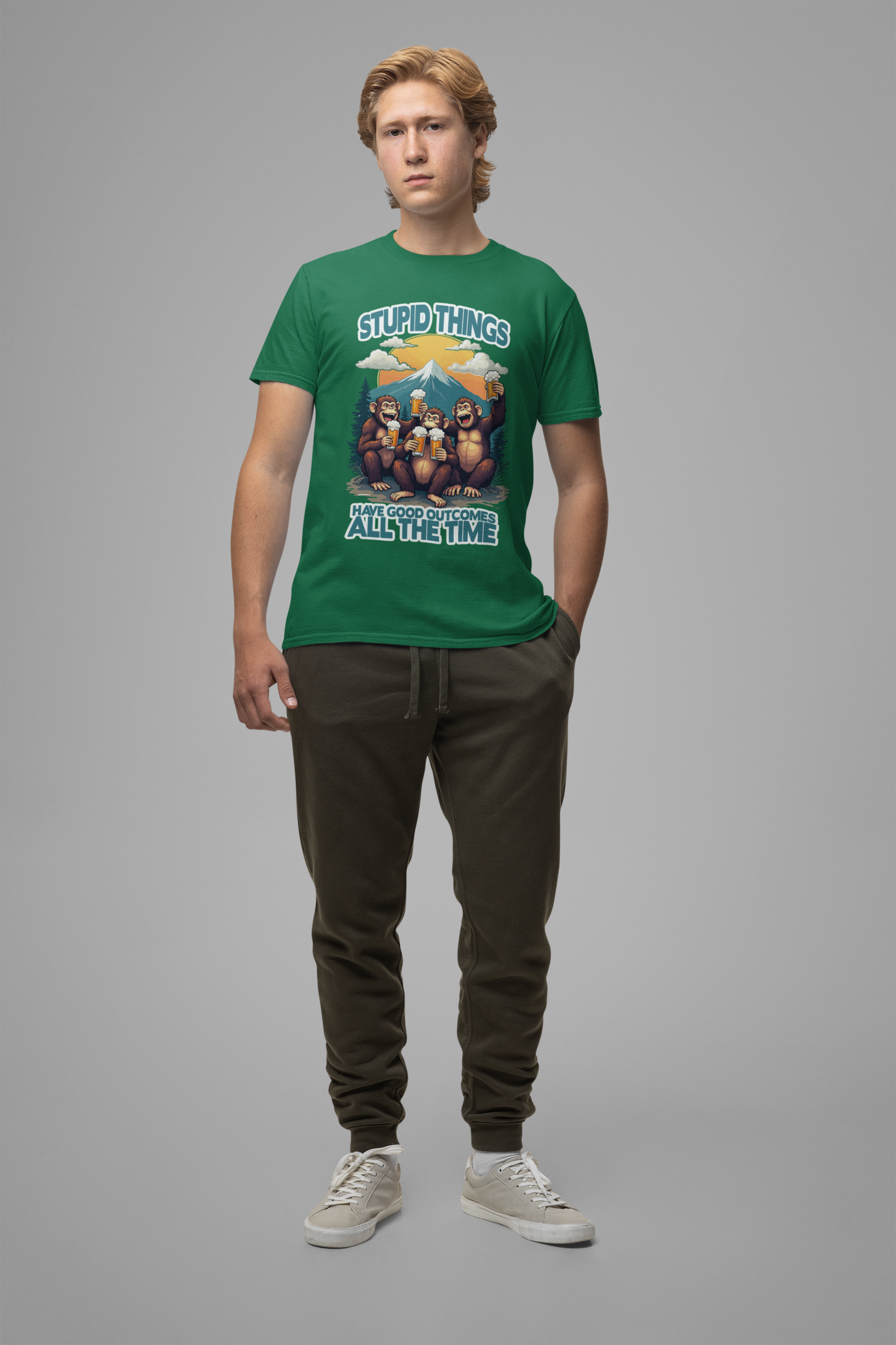 Stupid Things Have Good Outcomes Tshirt – Three Monkeys Cheers with Beer Mugs & Mountain Scene