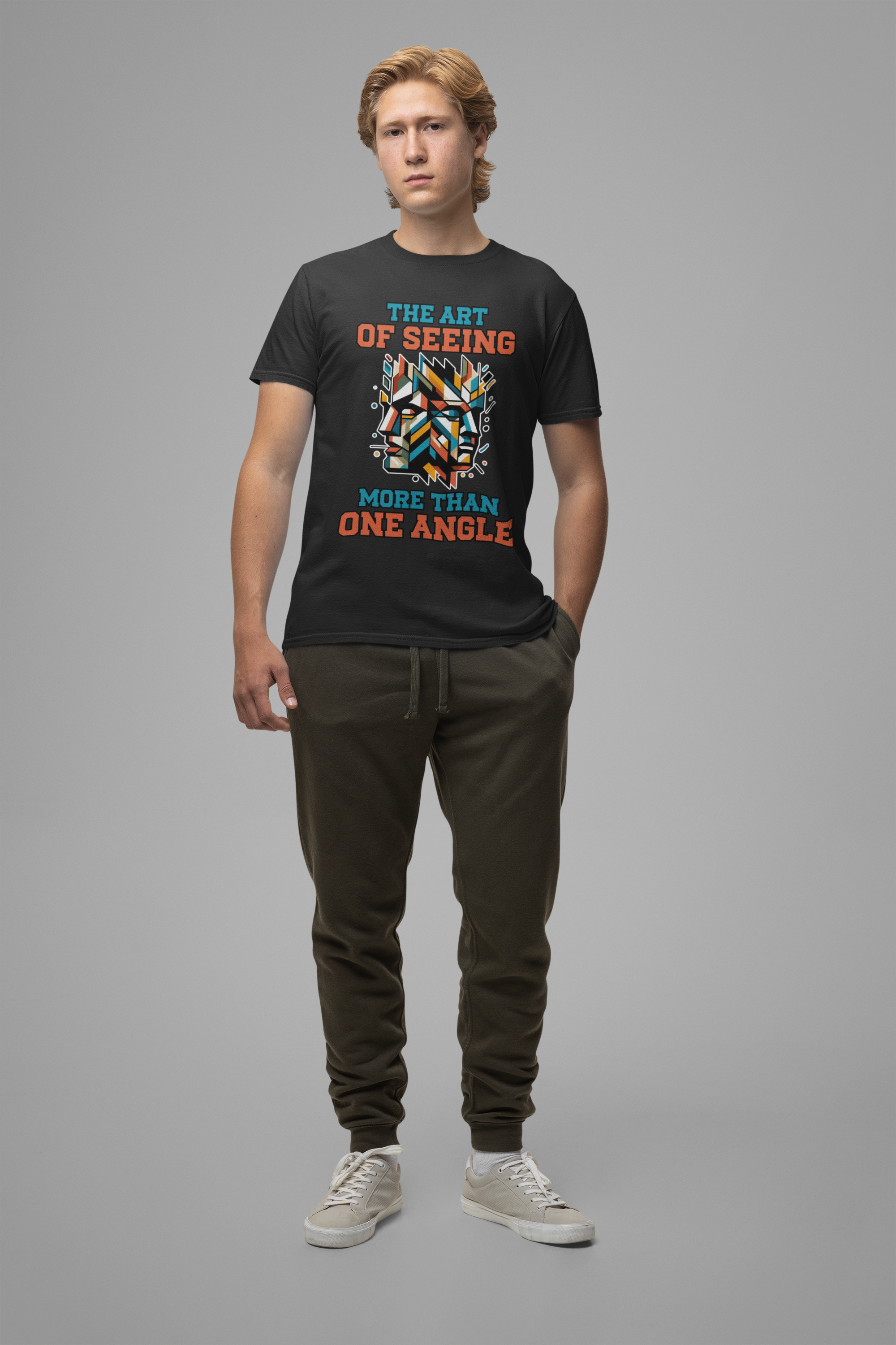 The Art of Seeing More Than One Angle Tshirt – Geometric Faces in Colorful Shapes