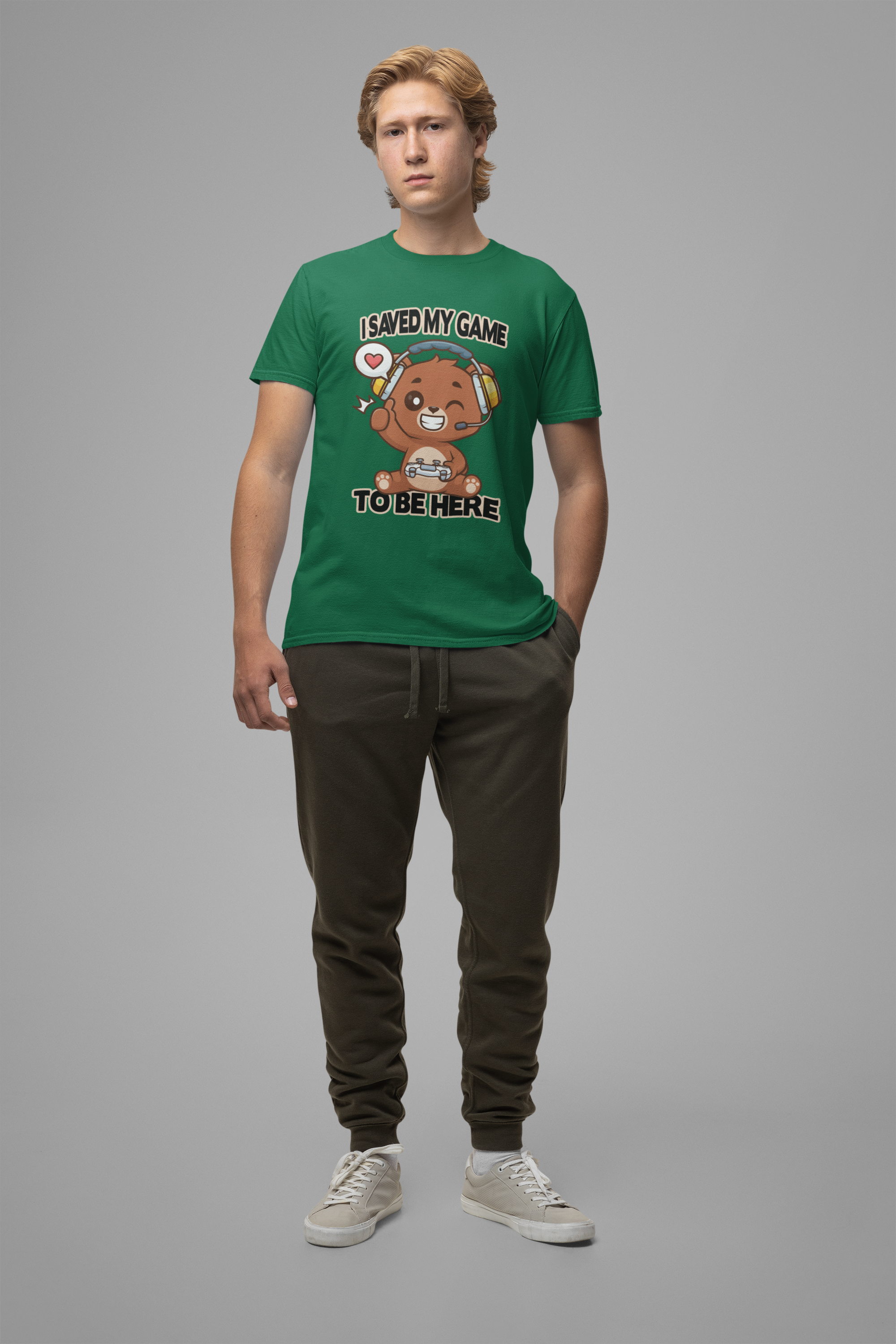 I Saved My Game To Be Here Tshirt Winking Teddy Bear with Headphones and Game Controller