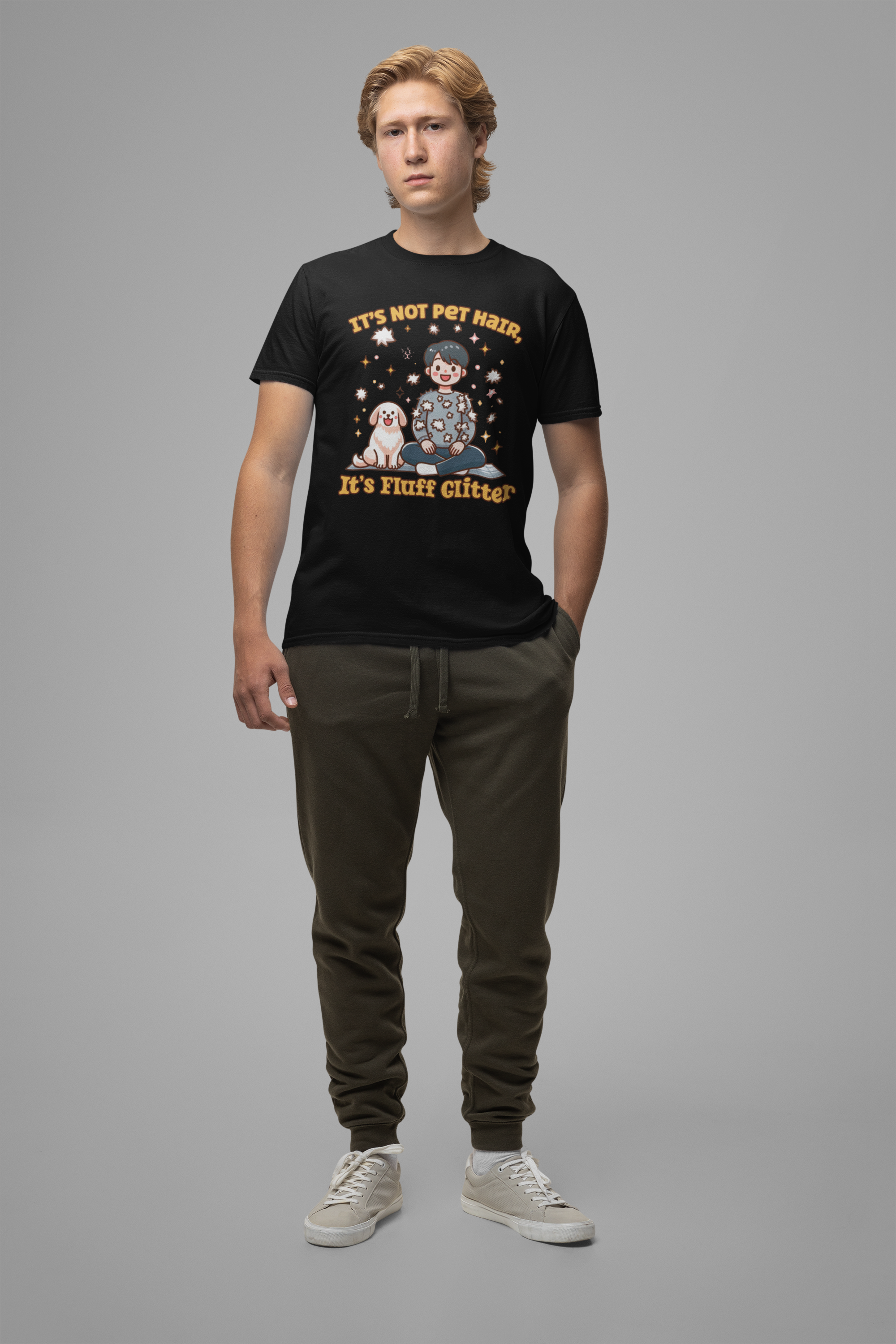 It's Not Pet Hair, It's Fluff Glitter | Smiling Puppy and Boy with Flying Hair & Glitter T-Shirt