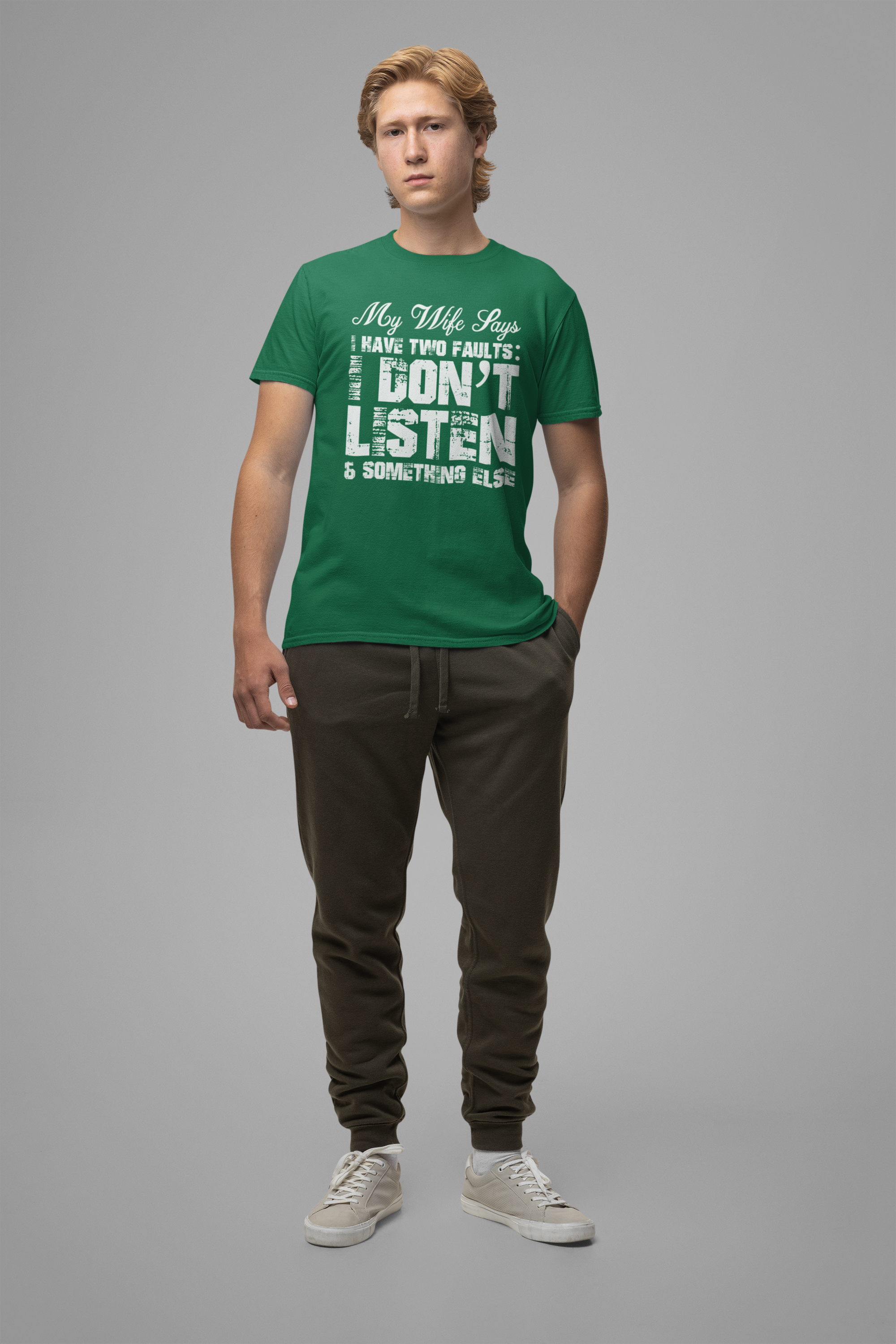Funny Husband T-Shirt – My Wife Says I Have TWO Faults Shirt