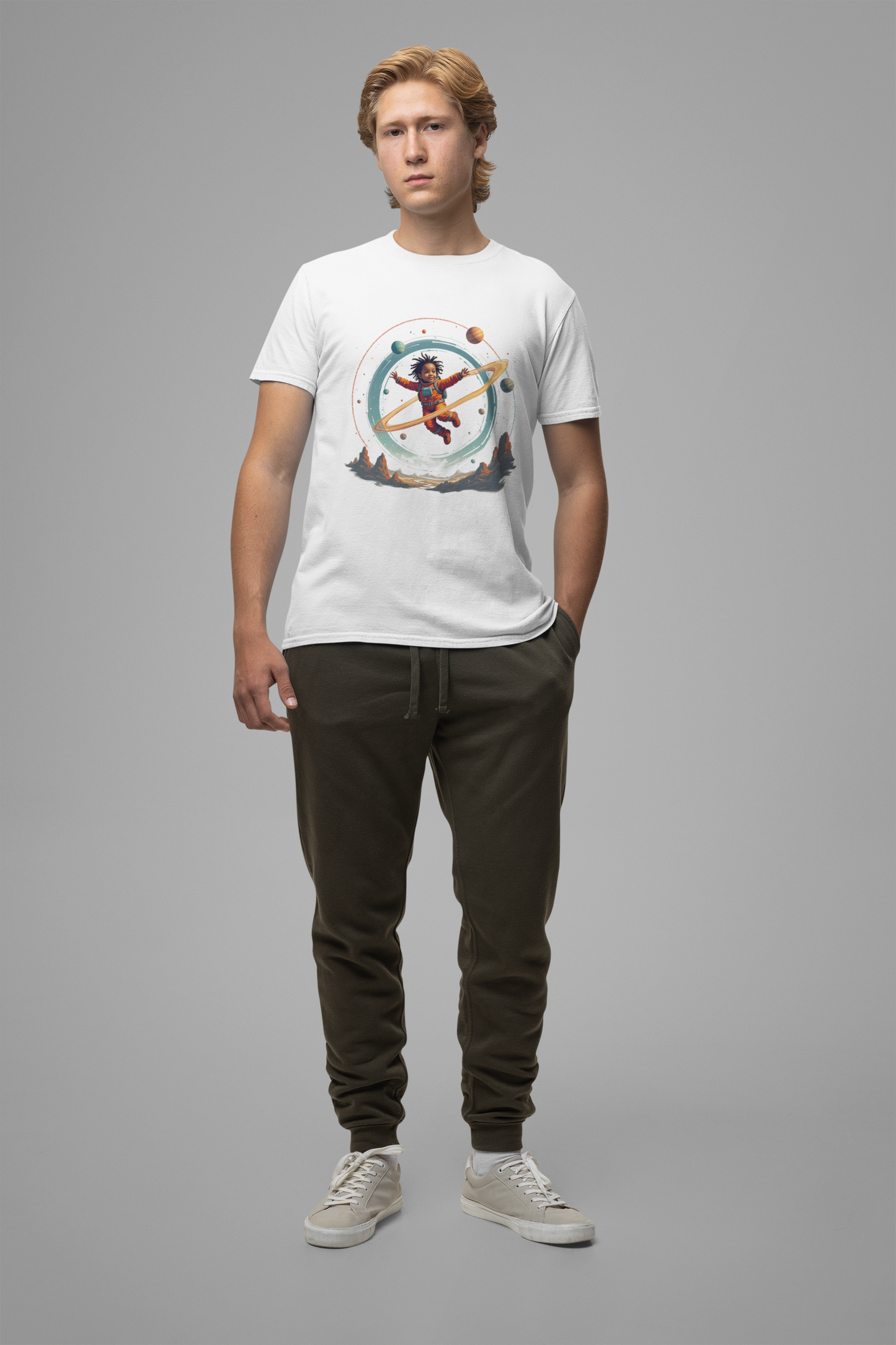 Toddler Flying in Spacesuit with Revolving Planets Space Adventure Graphic T-Shirt