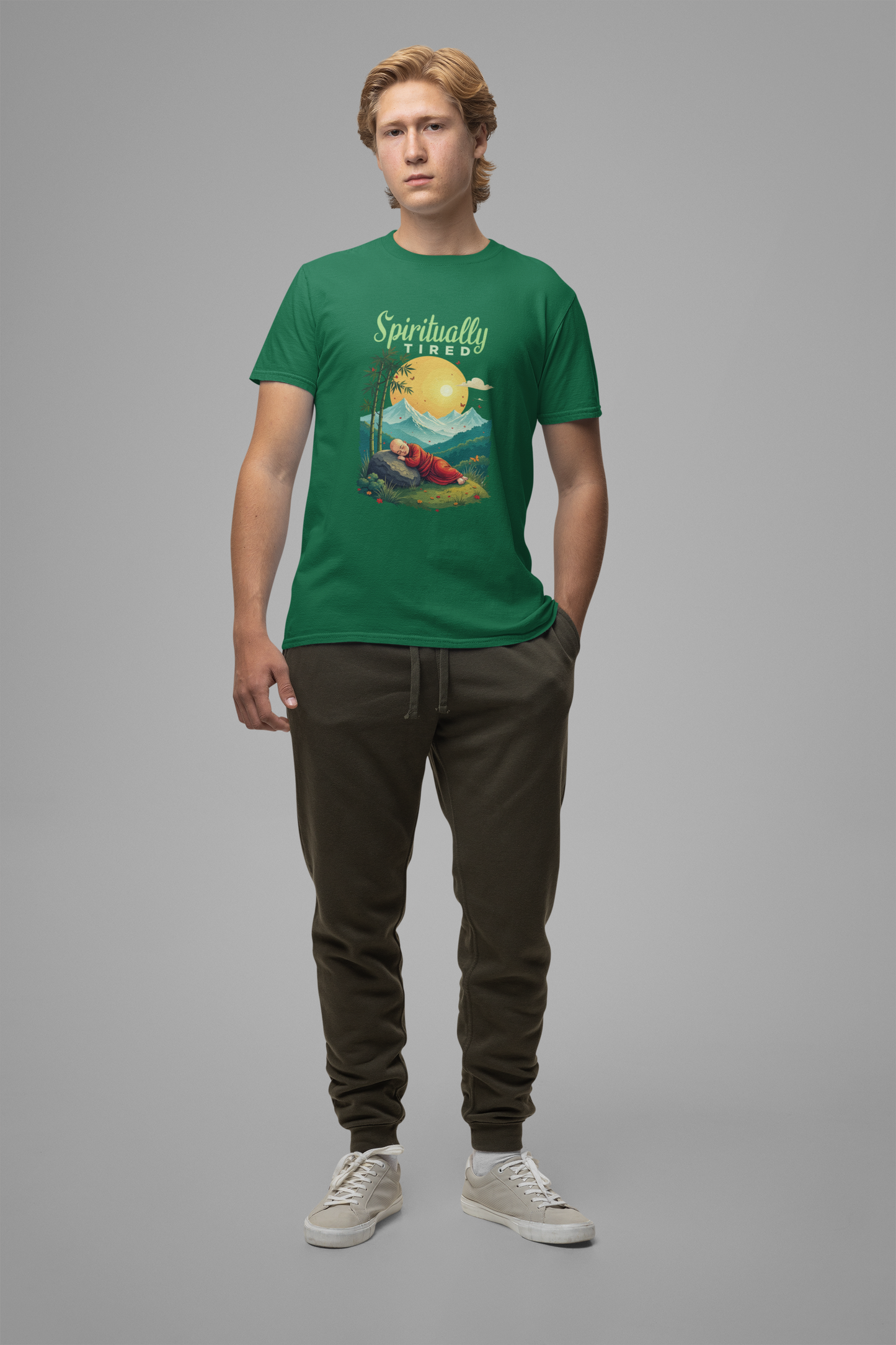 Spiritually Tired – Sleeping Monk Boy in Sunrise Nature Graphic T-Shirt