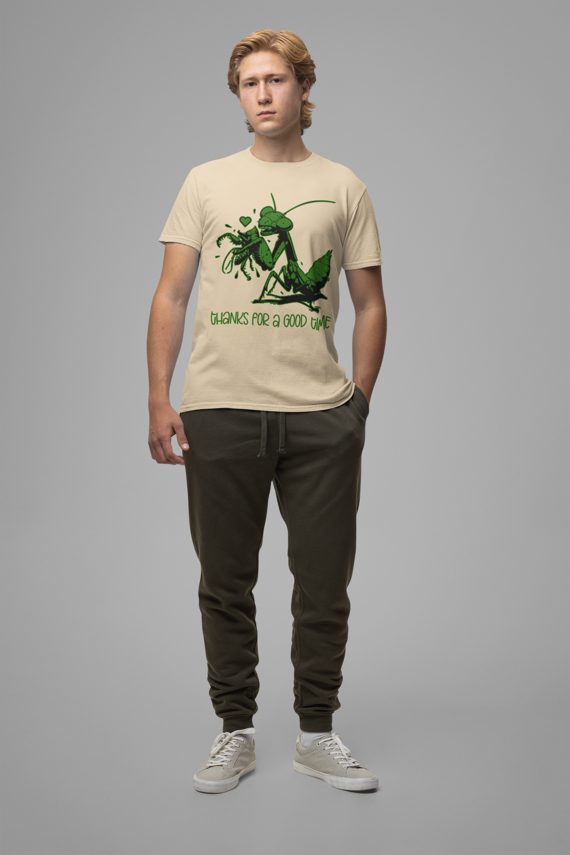 Thanks for a Good Time T-Shirt – Playful Grasshopper Eating Male Graphic Tee