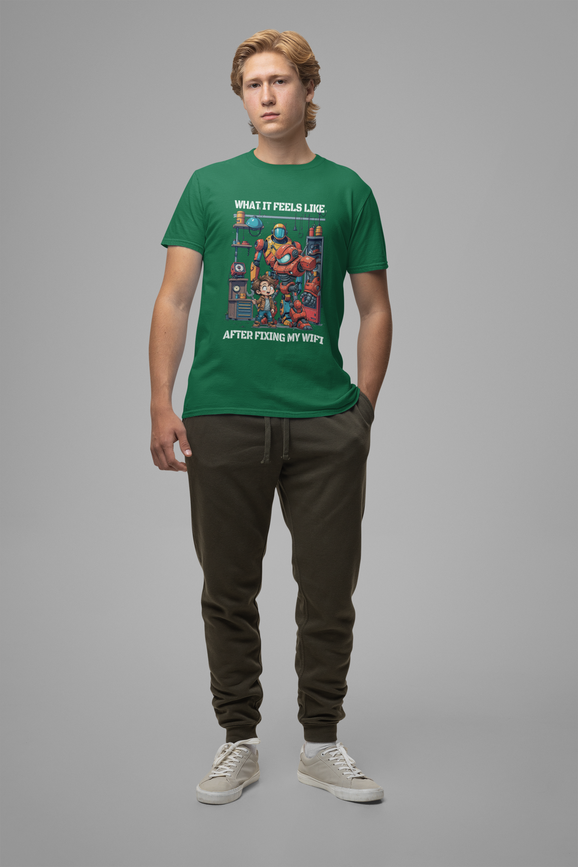 What It Feels Like After Fixing My WIFI – Joyful Boy with Tools Graphic T-Shirt