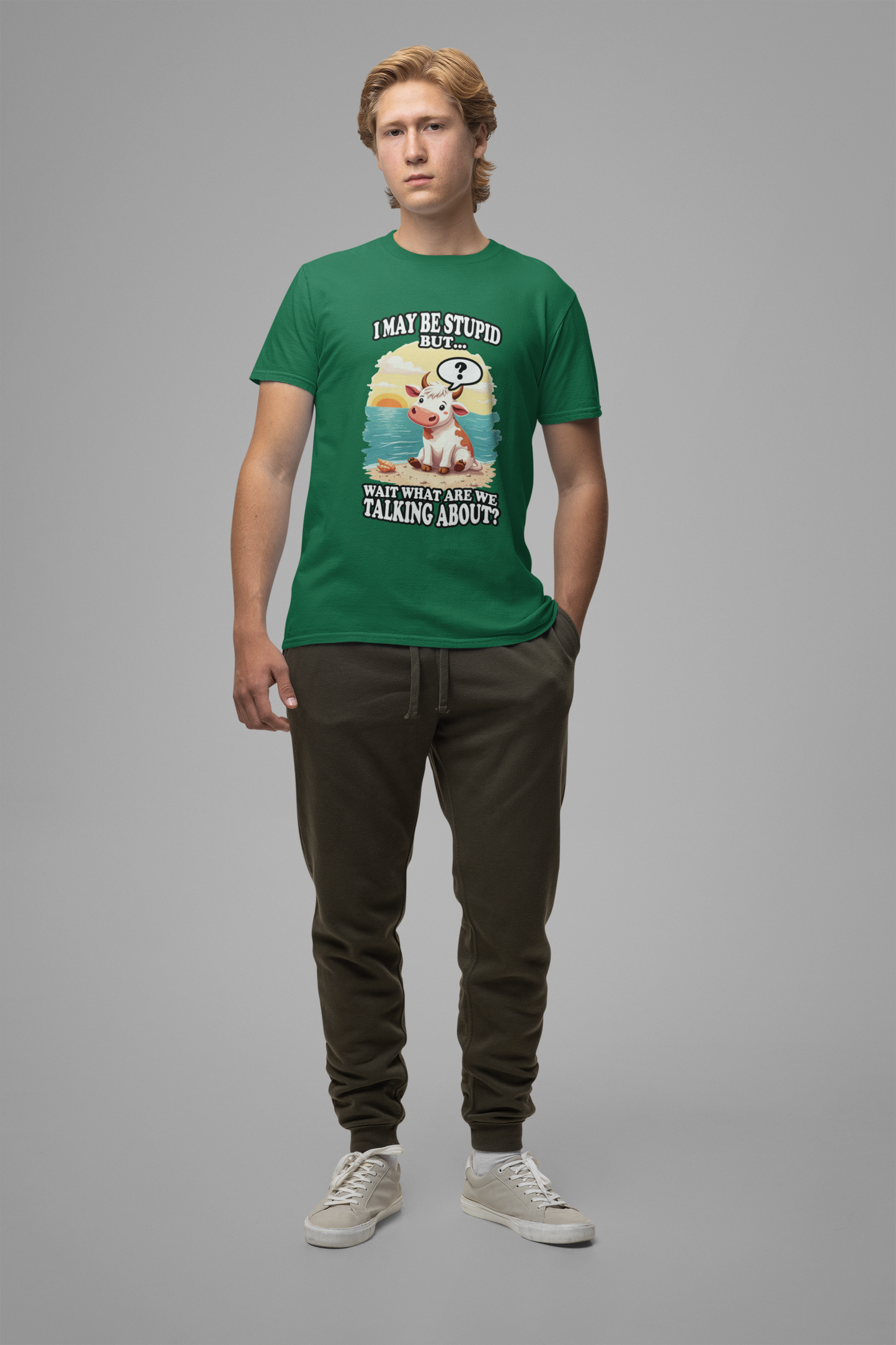I May Be Stupid But… Wait, What Are We Talking About? – Confused Cow Beach Tshirt
