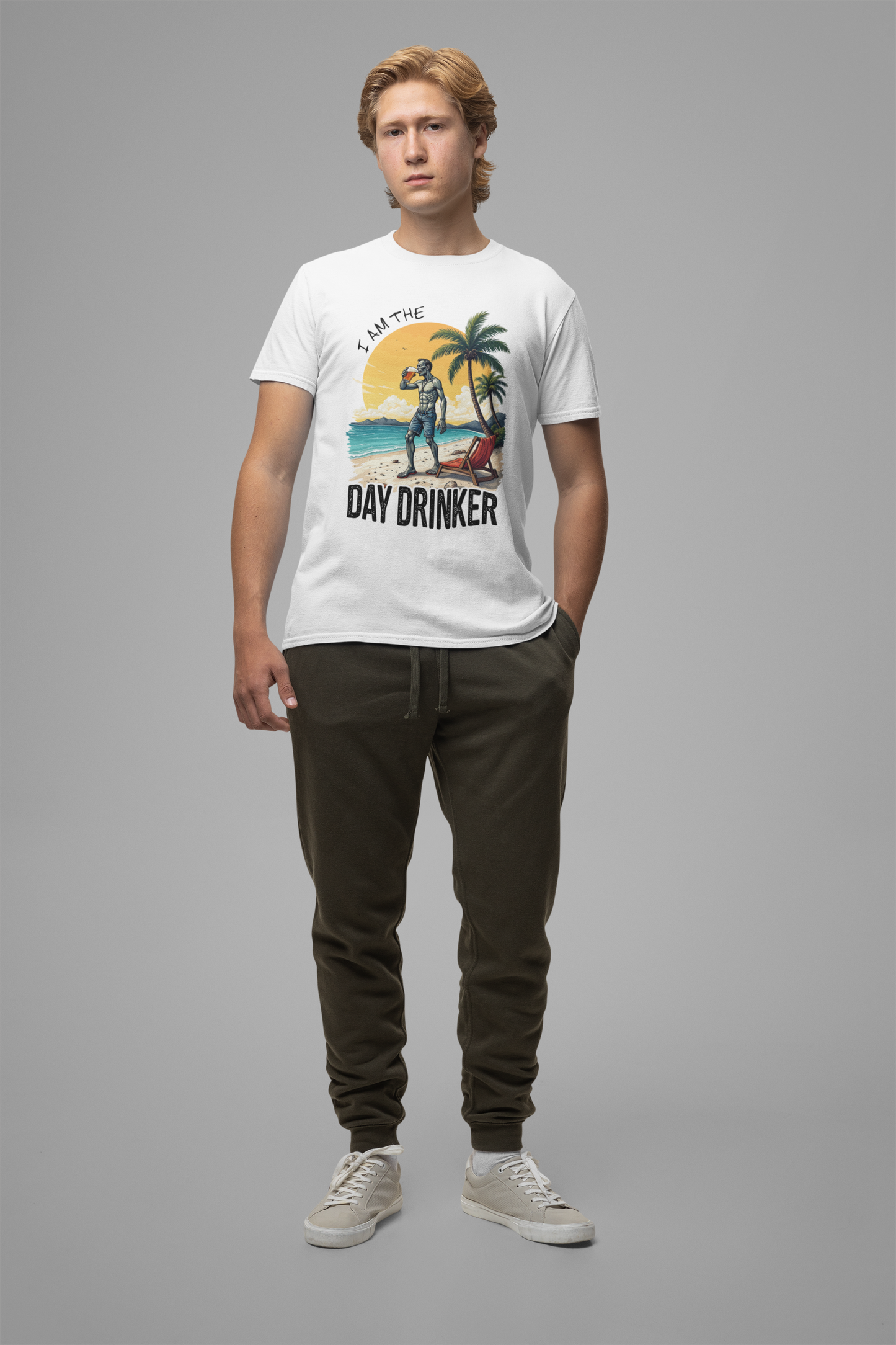 I am the Day Drinker Tshirt Zombie Beach Man with Beer, Shorts, Flip Flop & Reclining Chair