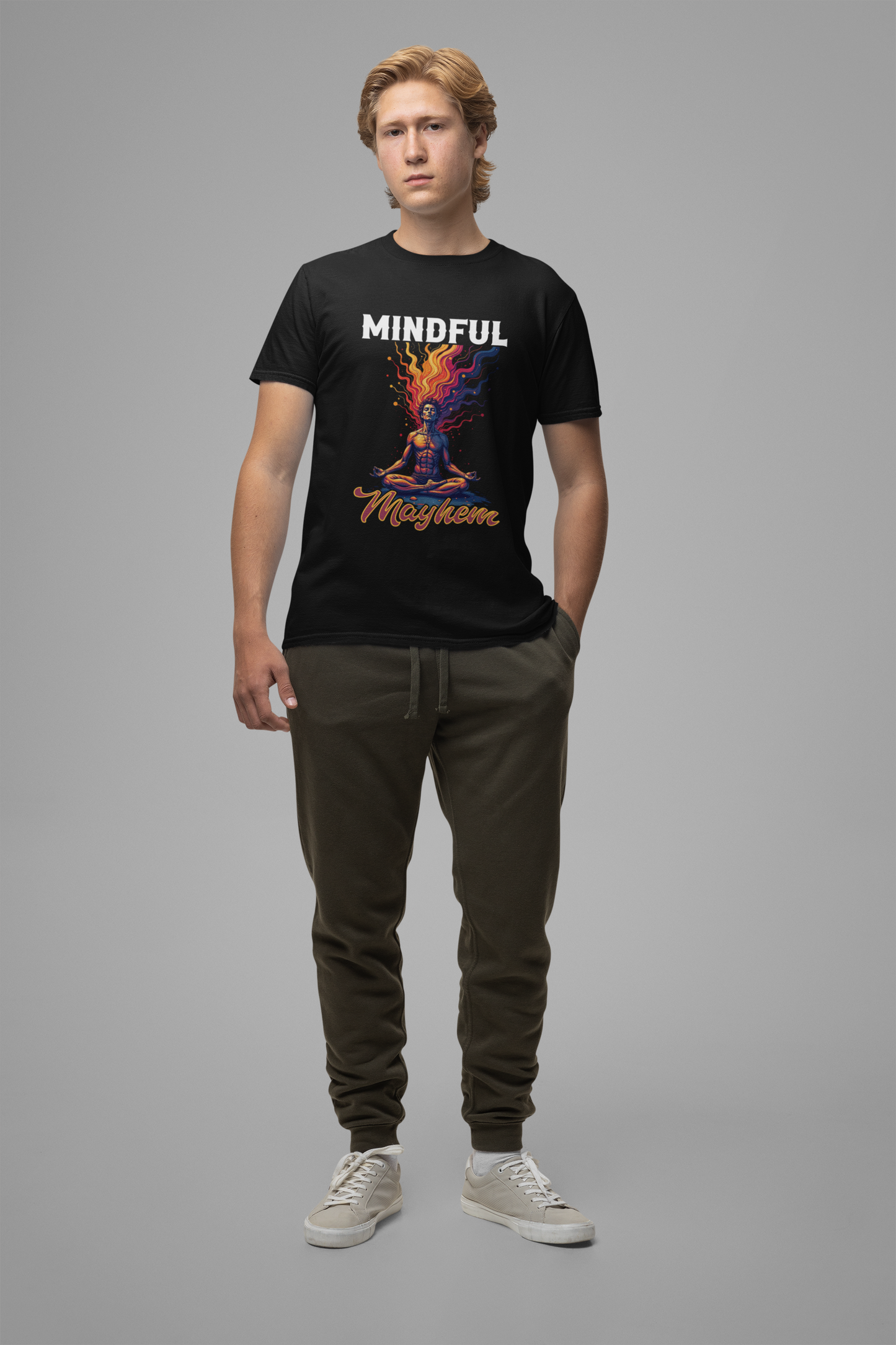 Mindful Mayhem – Meditating Man with Rising Flames Graphic T-Shirt