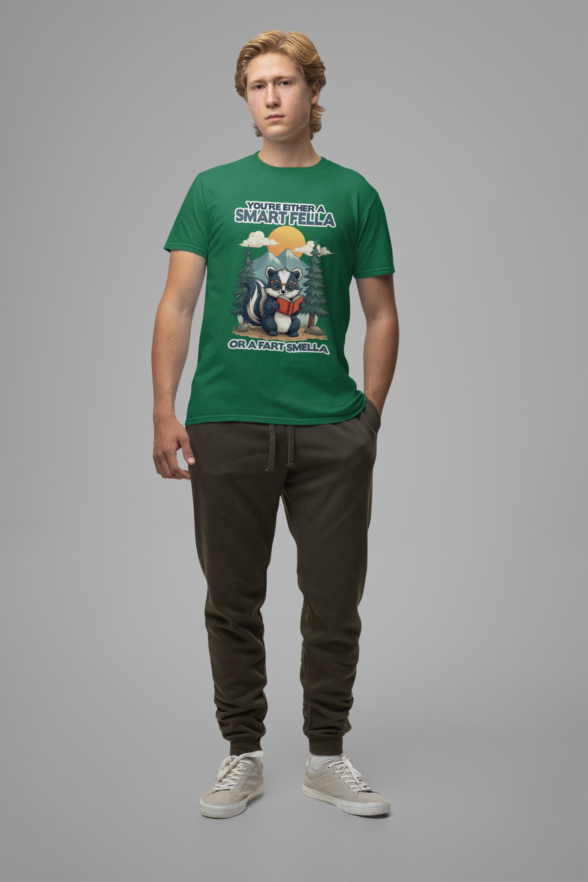 You're Either a Smart Fella or a Fart Smella Tshirt – Skunk in Colorful Space Suit with Sun & Mountain Background