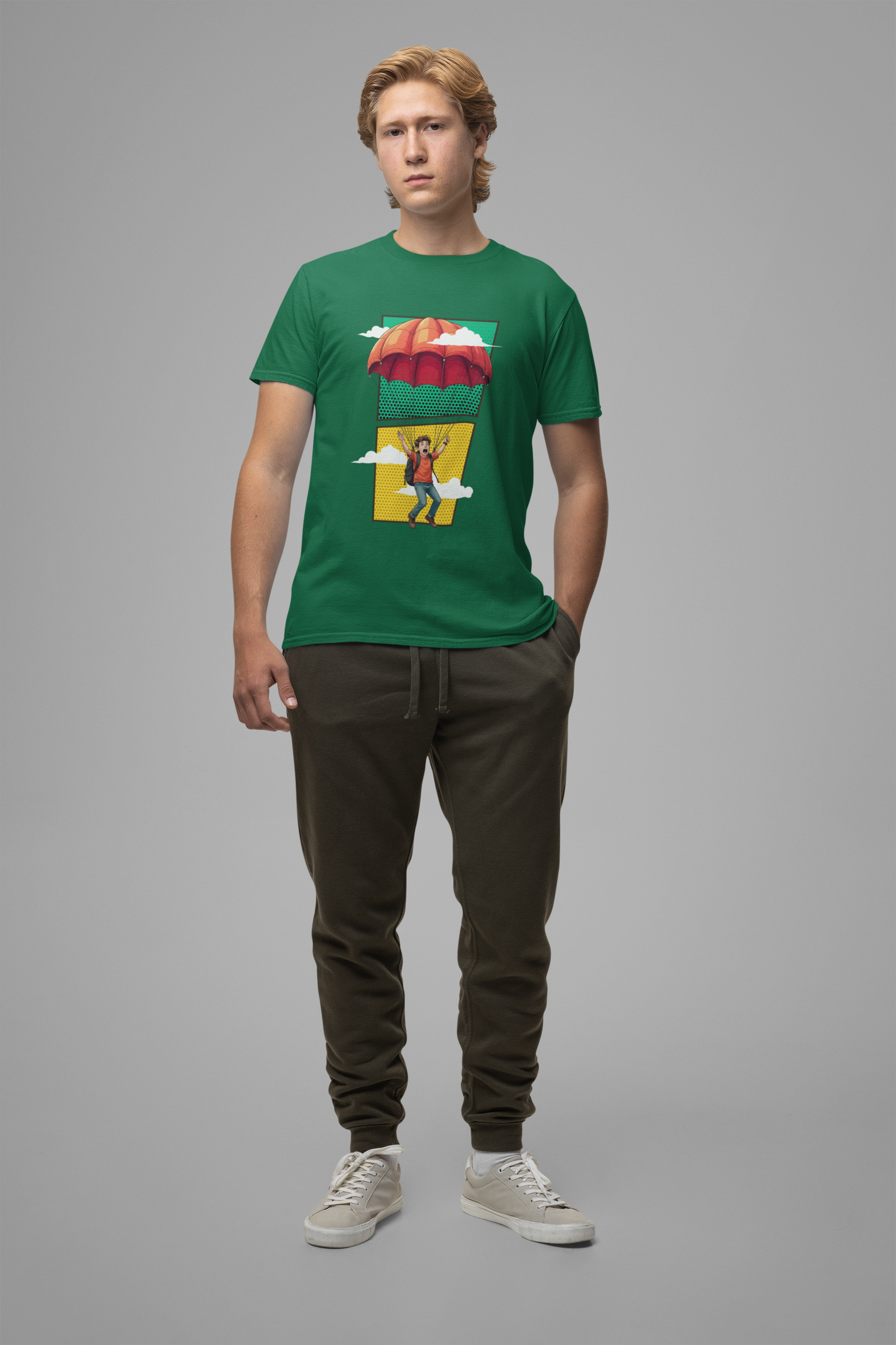 Do it Scared Boy Parachuting Mid-Air with Clouds Background Graphic T-Shirt