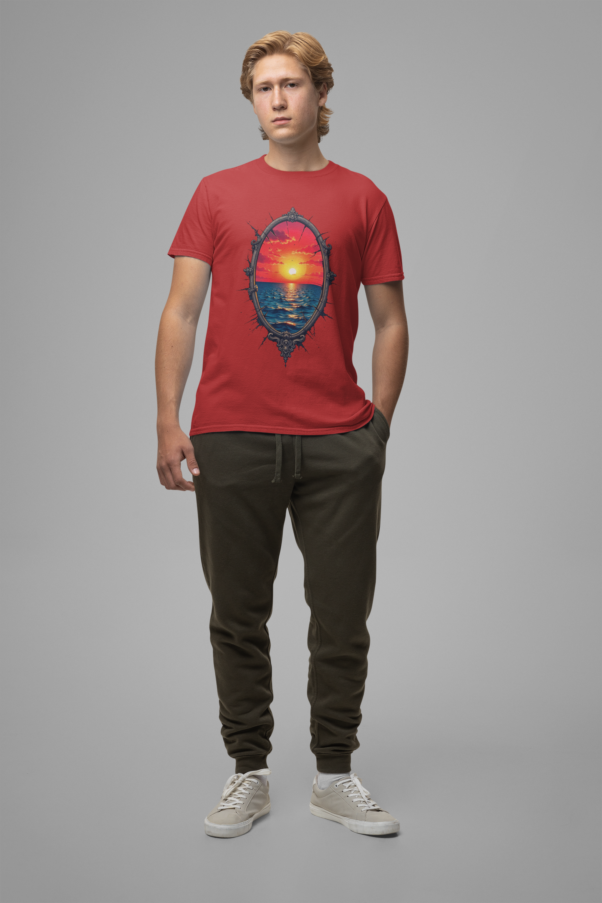 Sunset Portal T-Shirt – Ocean View Through Ornate Frame