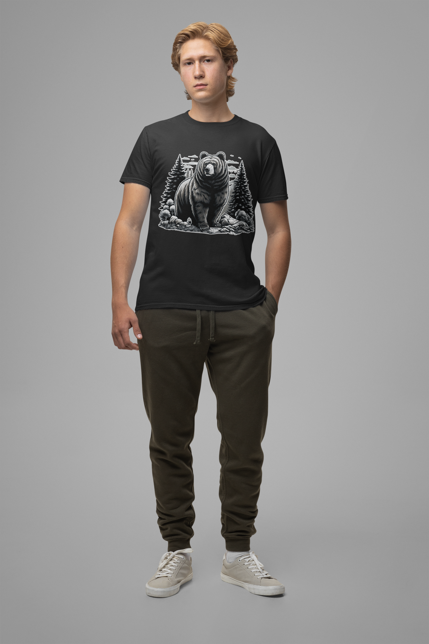 Majestic Wild Bear gazes intently at Stream Edge captivating Graphic T-Shirt