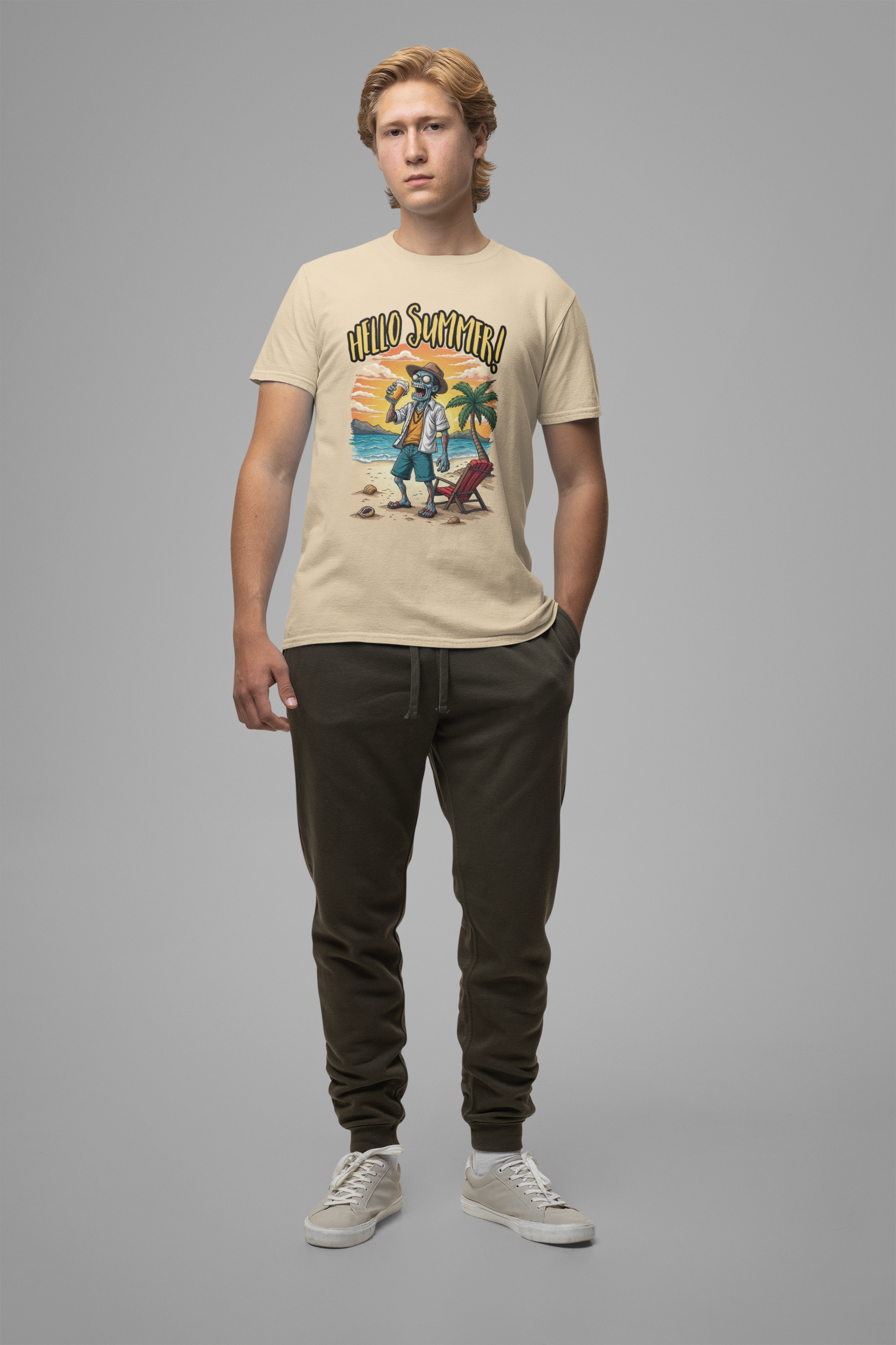 Hello Summer Tshirt Old Zombie with Cap, Beer Glass, Beach, Palm Trees & Reclining Chair