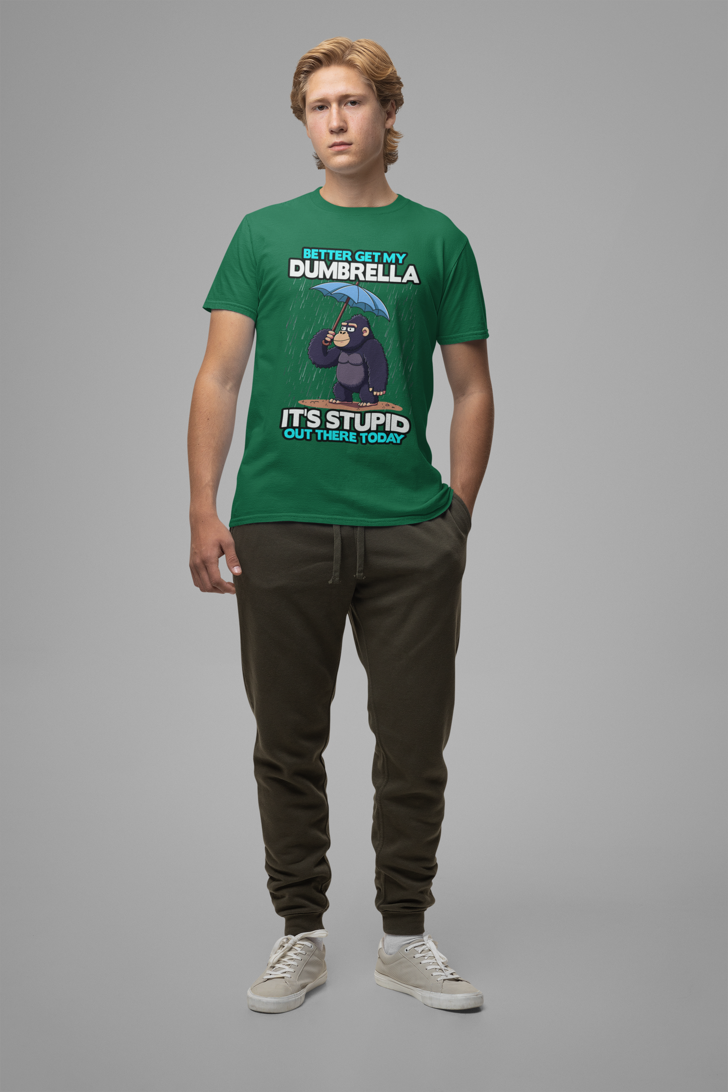 Better Get My Dumbrella Tshirt – Stressed Gorilla with Umbrella in the Rain