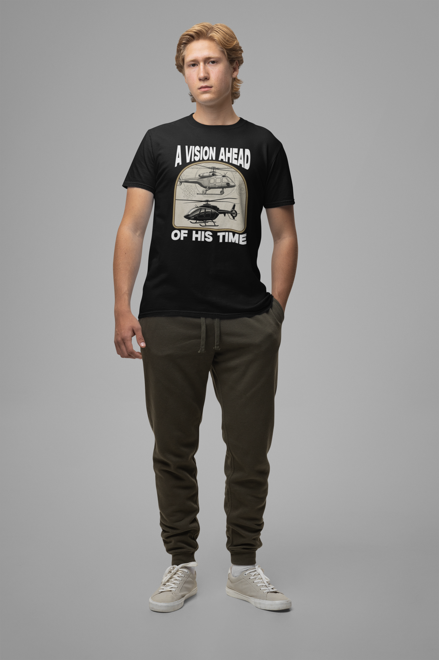 A Vision Ahead of His Time Tshirt – Da Vinci’s Helicopter and Modern Chopper Graphic