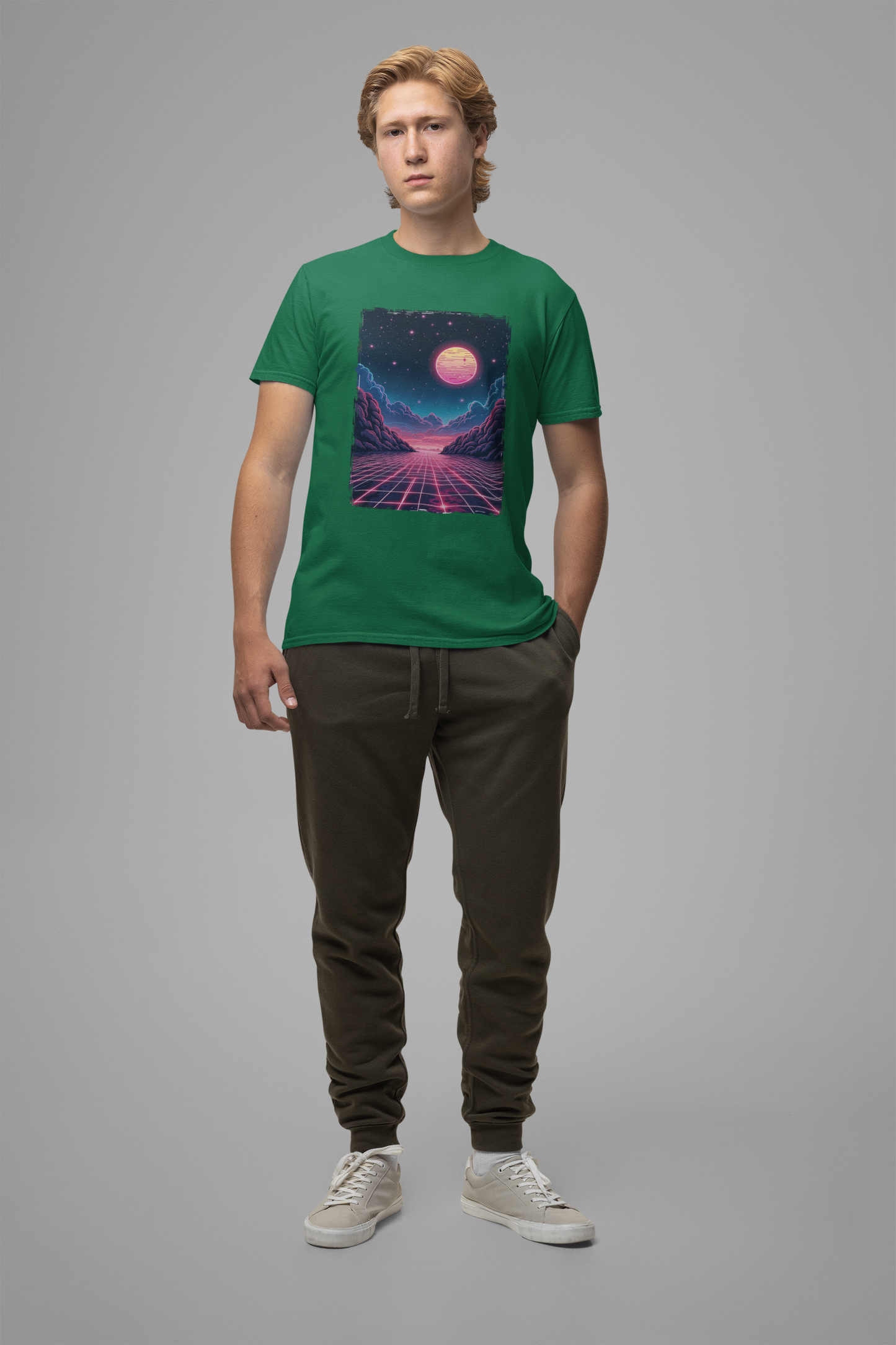 Neon Dream – Full Moon Night Waterfront with Mountains and Glowing Sky Graphic T-Shirt