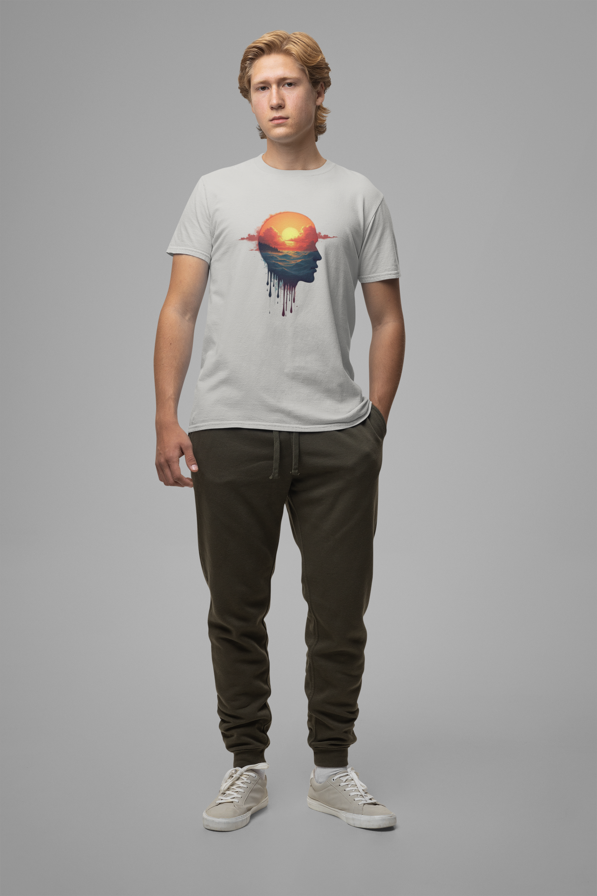Melting Human Face with Colorful Sunrise and Clouds Beach View Graphic T-Shirt