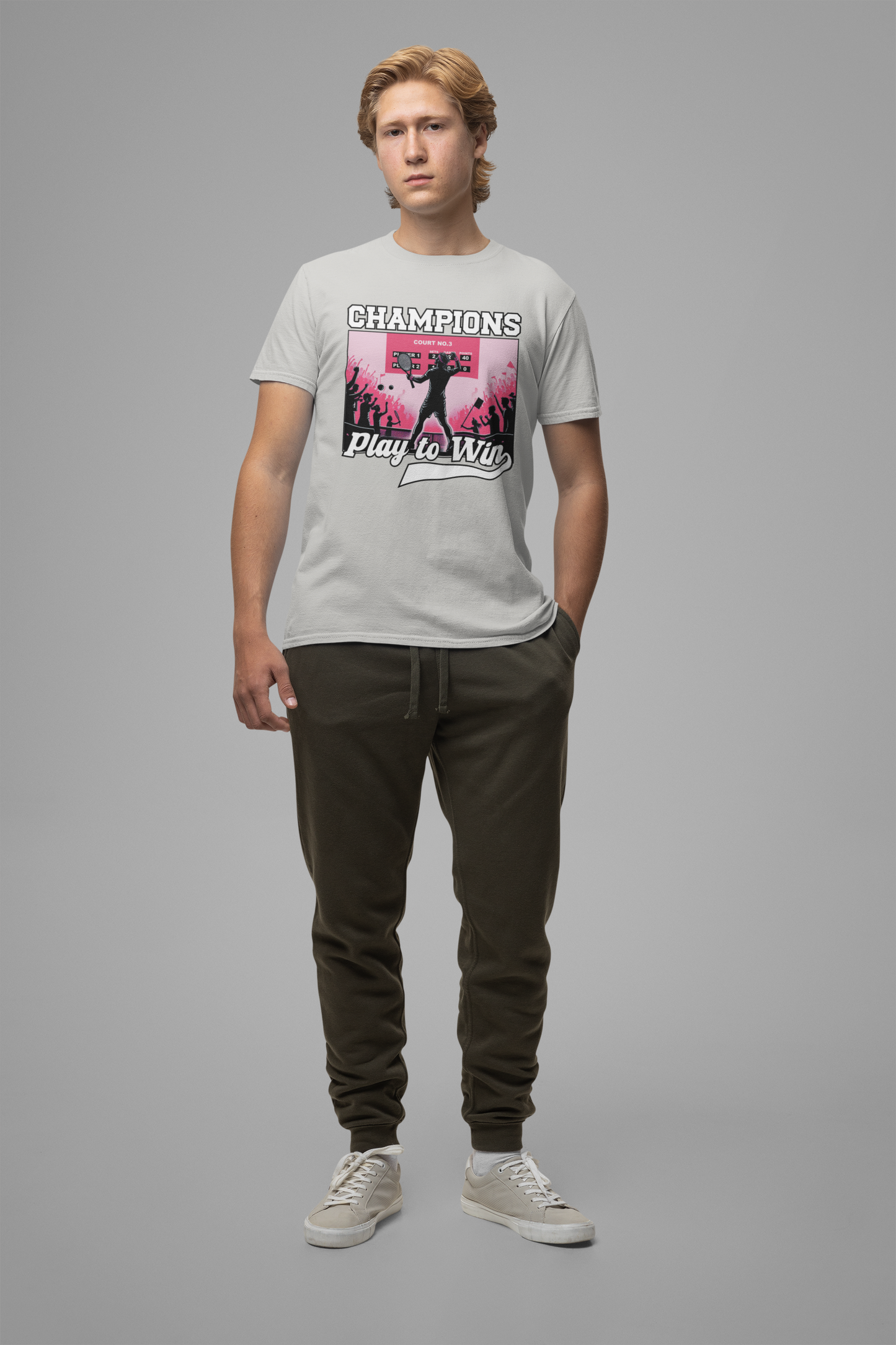 Champions Play to Win – Tennis Victory Celebration Graphic T-Shirt
