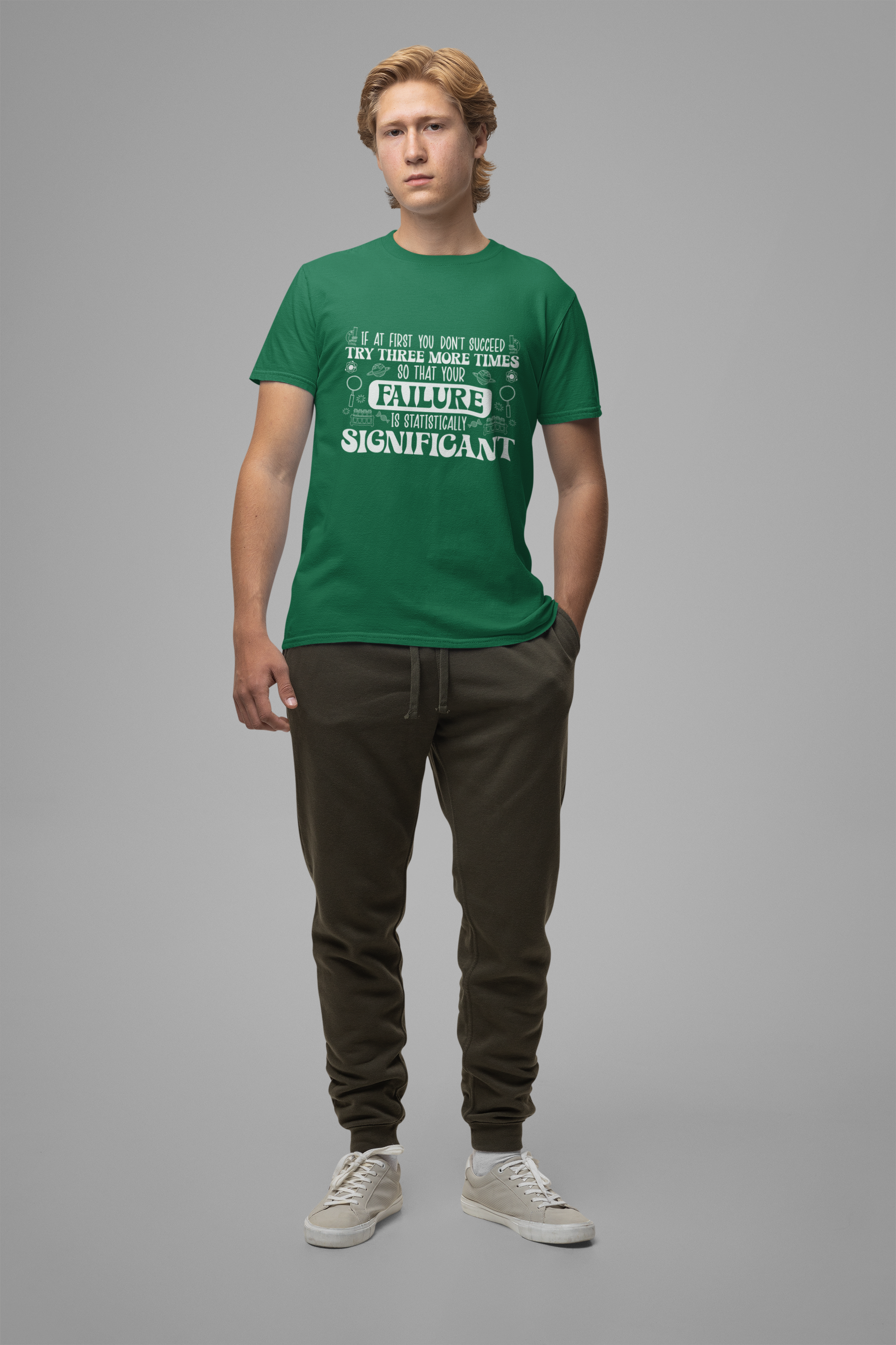 Try Three More Times – Statistically Significant Science T-Shirt with Lab Equipment, Planets & Microbes