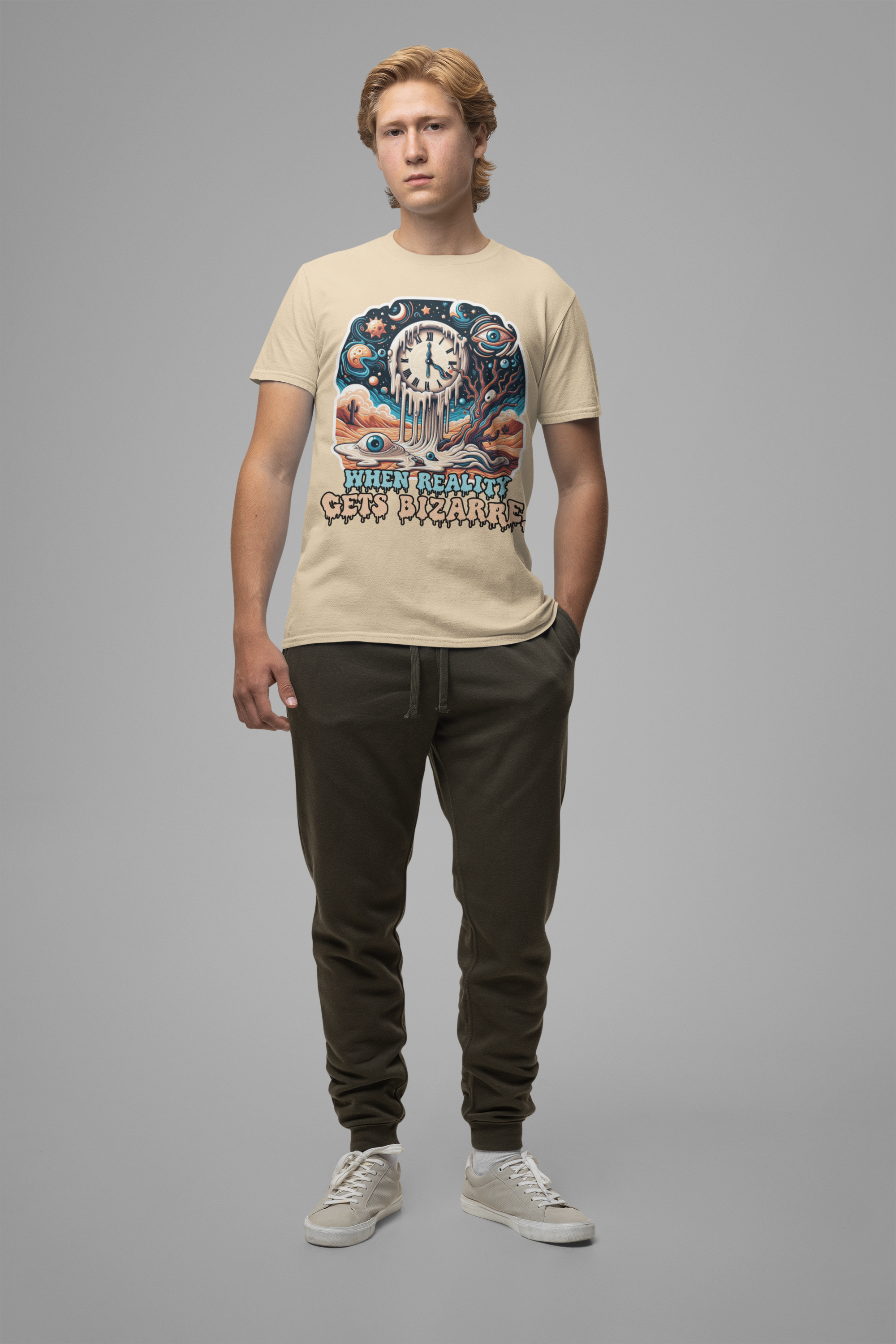 When Reality Becomes Bizarre Tshirt – Surreal Melting Sky, Clocks, and Desert Landscape