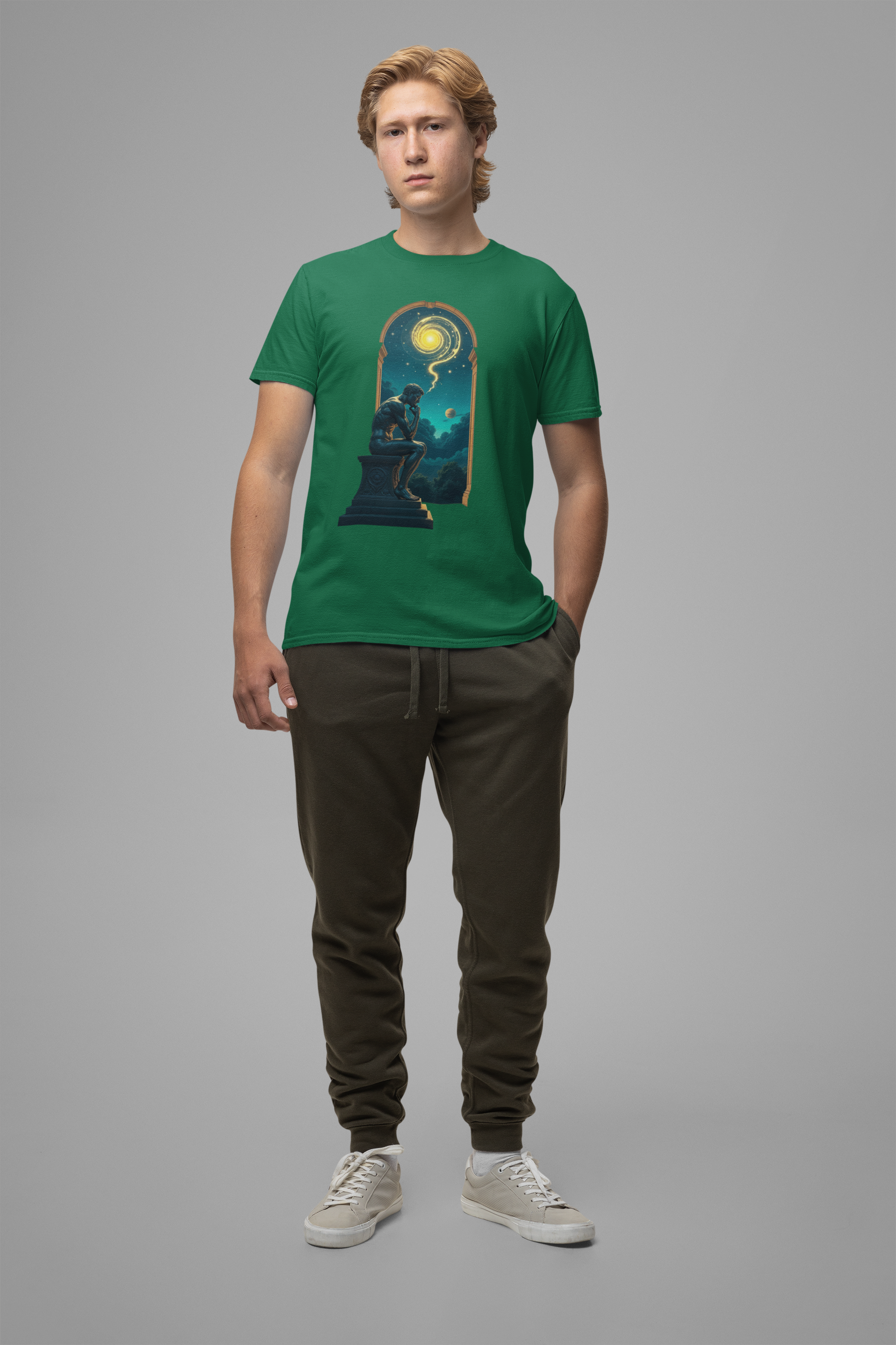 Muscular Statue Deep in Thought on Stage with Scenic Window View Graphic T-Shirt