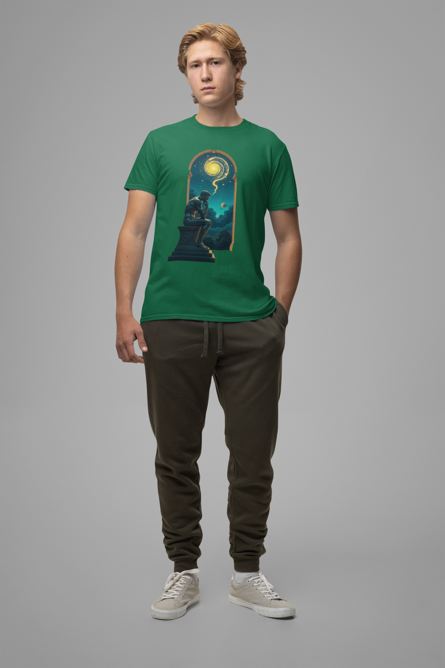 Muscular Statue Deep in Thought on Stage with Scenic Window View Graphic T-Shirt