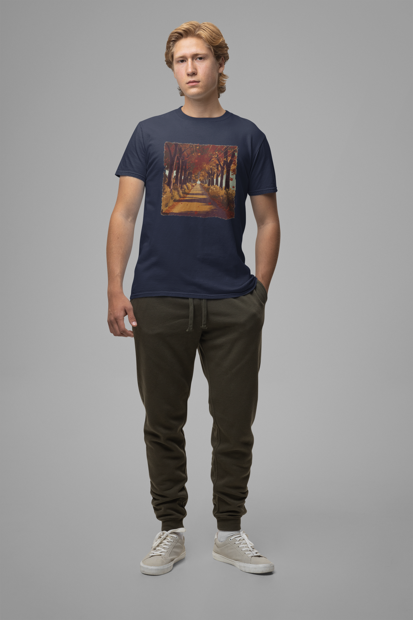 Golden Autumn Glow– Glowing Trees Lining the Road Graphic T-Shirt