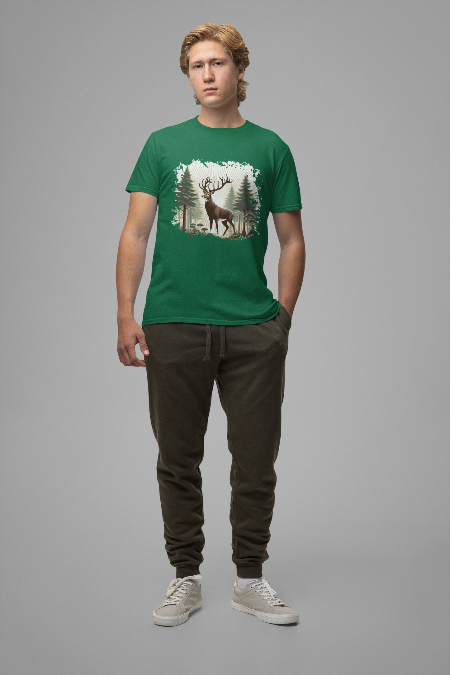 Majestic Deer with Large Antlers | Sunlight Through Foggy Forest Graphic T-Shirt